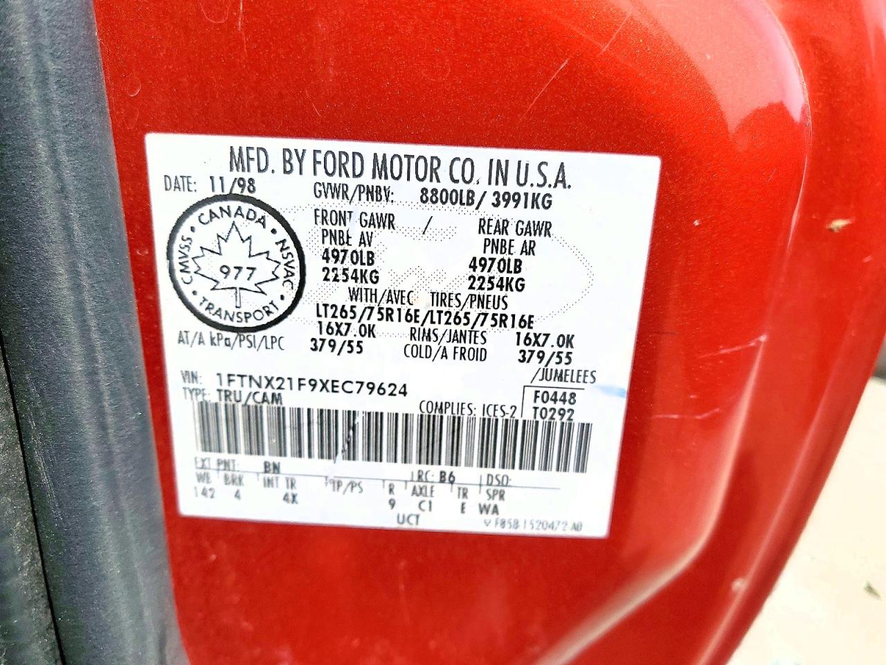 1999 Ford F250 Super Duty Red vin: 1FTNX21F9XEC79624