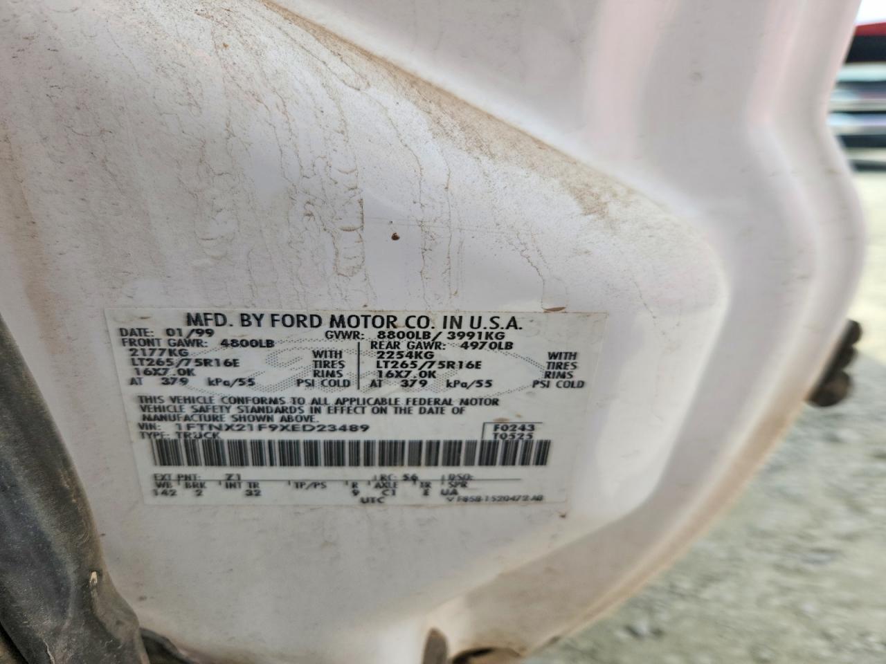 1999 Ford F250 Super Duty White vin: 1FTNX21F9XED23489