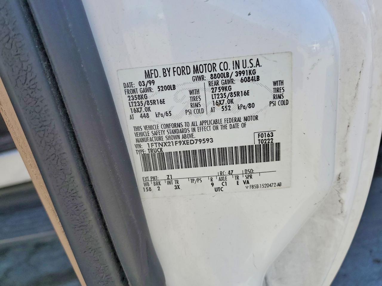 1999 Ford F250 Super Duty White vin: 1FTNX21F9XED79593