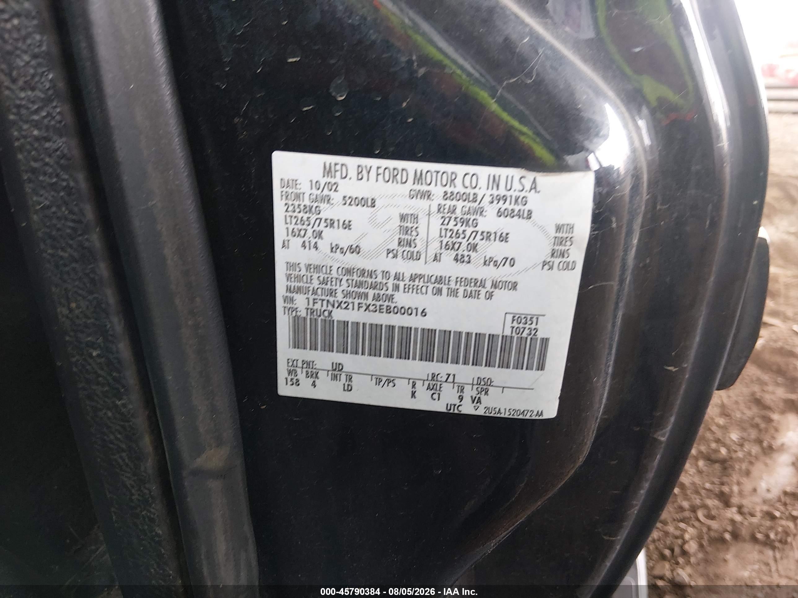 2003 Ford F-250 Lariat/xl/xlt Black vin: 1FTNX21FX3EB00016