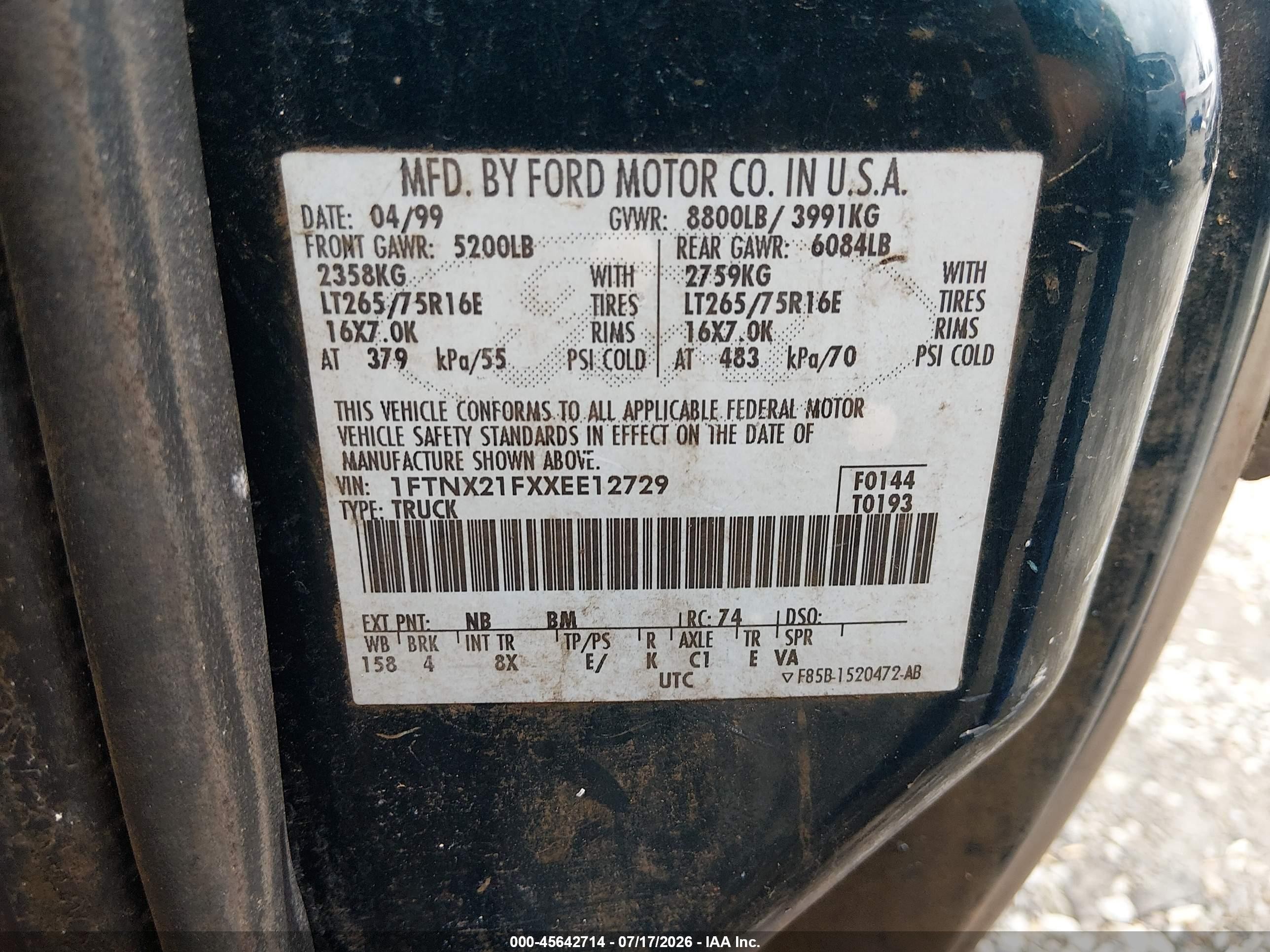 1999 Ford F-250 Lariat/xl/xlt Blue vin: 1FTNX21FXXEE12729