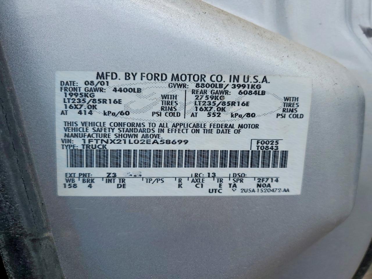 2002 Ford F250 Super Duty Silver vin: 1FTNX21L02EA58699