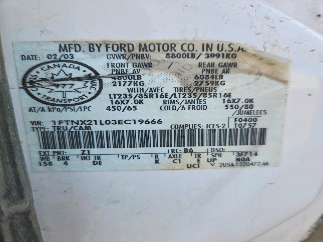 2003 Ford F250 Super Duty White vin: 1FTNX21L03EC19666