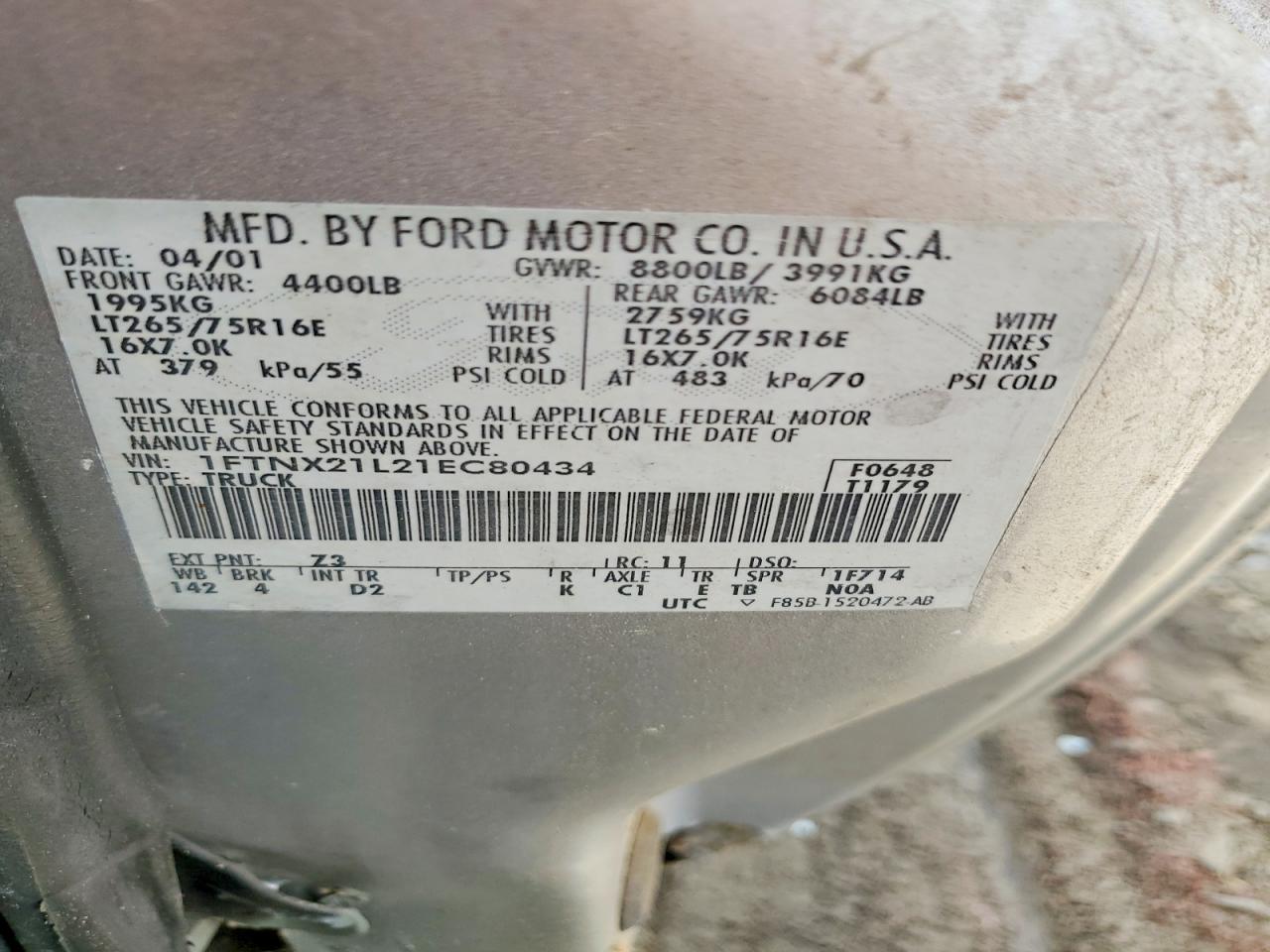 2001 Ford F250 Super Duty Silver vin: 1FTNX21L21EC80434
