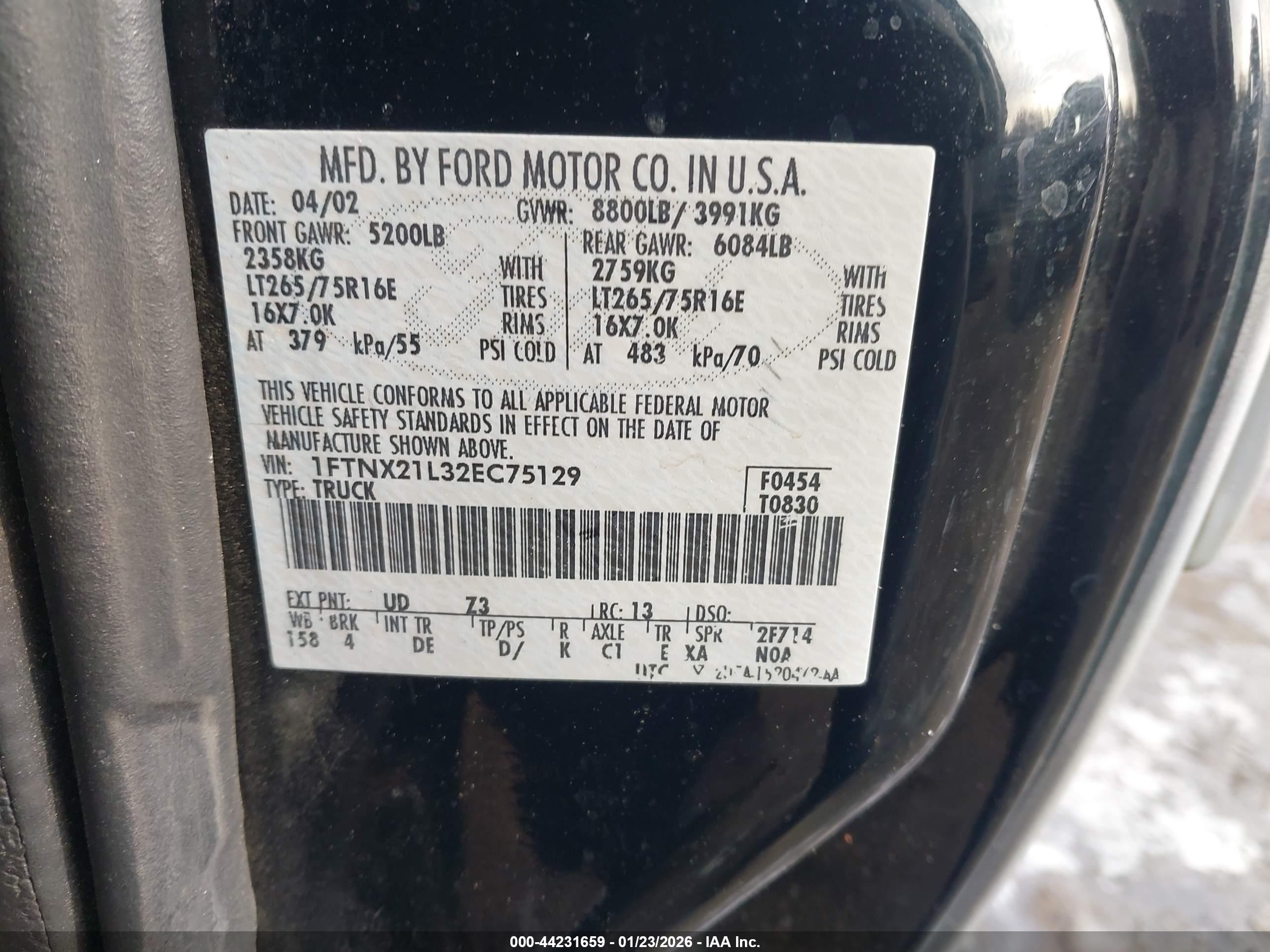 2002 Ford F-250 Lariat/xl/xlt Black vin: 1FTNX21L32EC75129