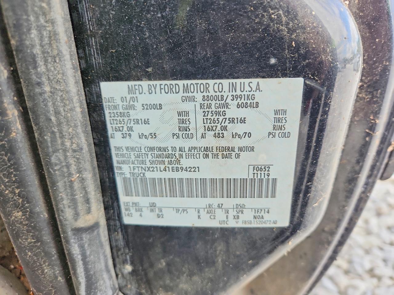 2001 Ford F250 Super Duty Black vin: 1FTNX21L41EB94221