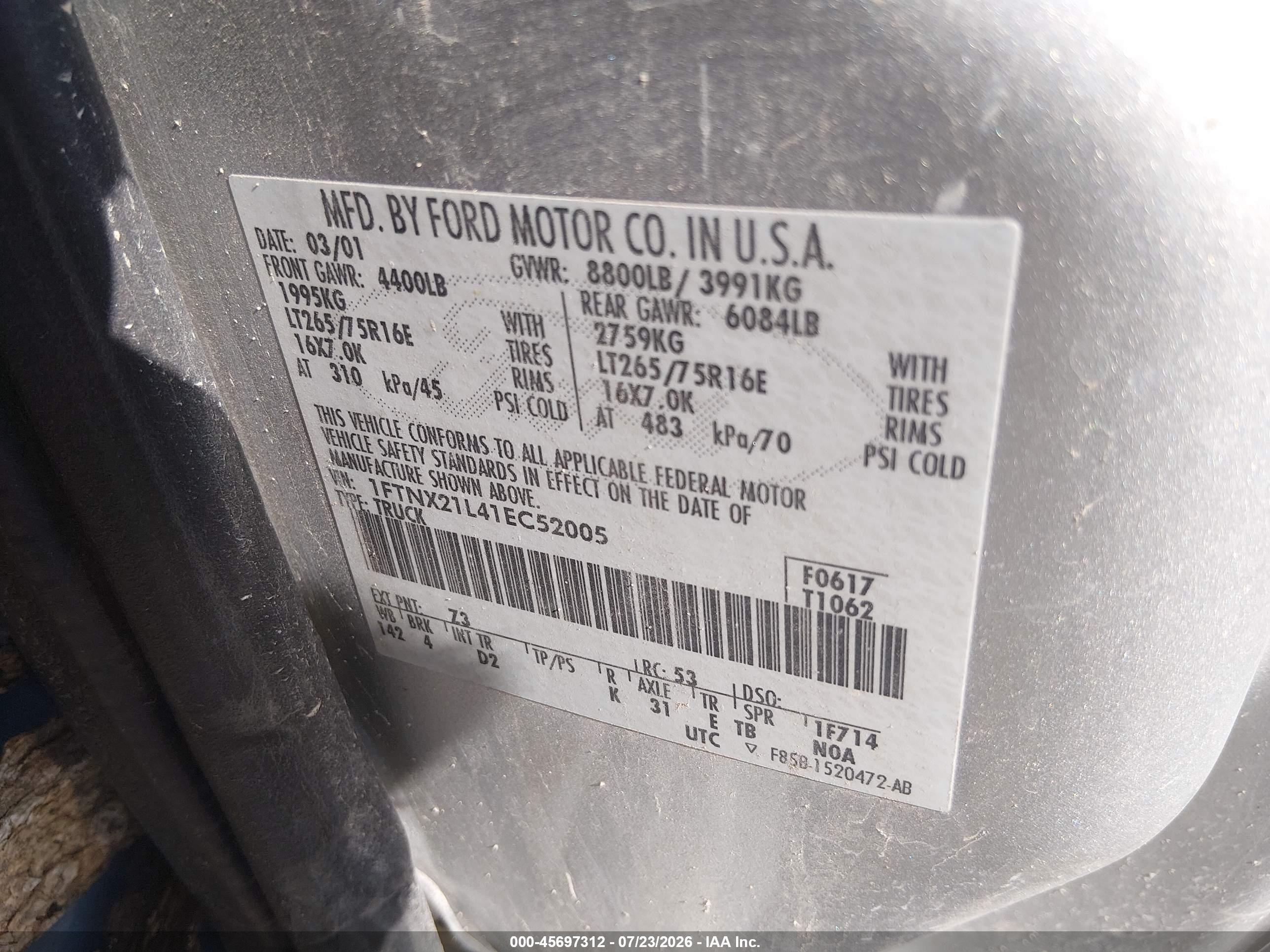 2001 Ford F-250 Lariat/xl/xlt Silver vin: 1FTNX21L41EC52005