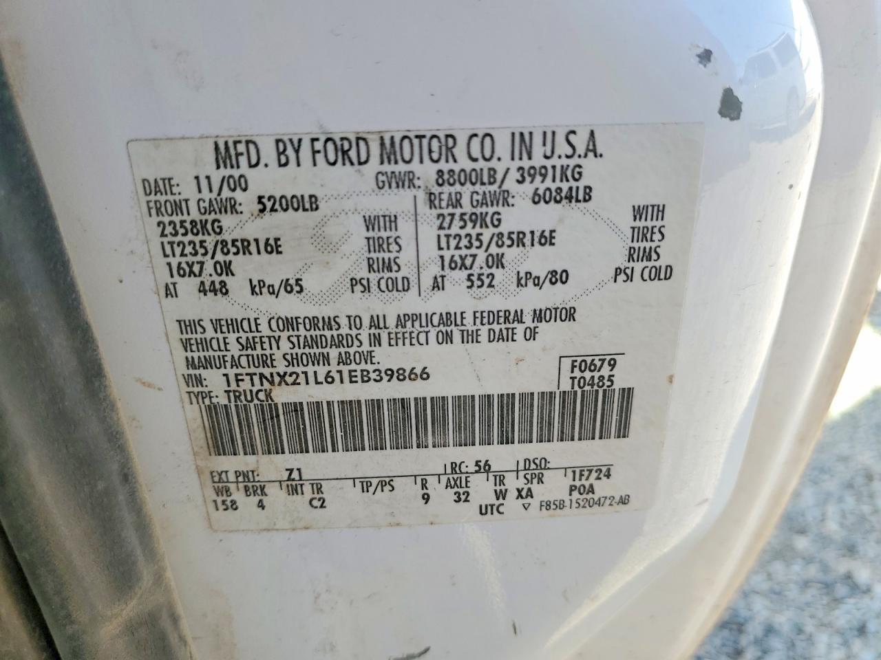 2001 Ford F250 Super Duty White vin: 1FTNX21L61EB39866
