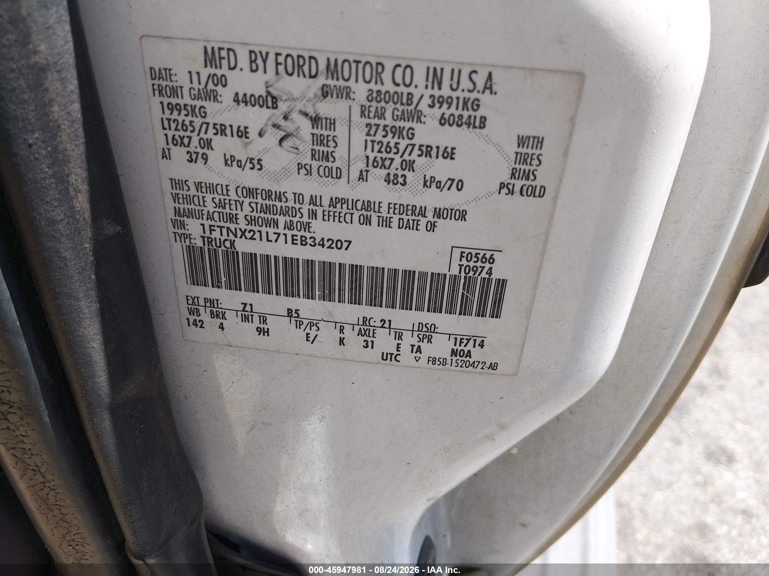 2001 Ford F-250 Lariat/xl/xlt White vin: 1FTNX21L71EB34207