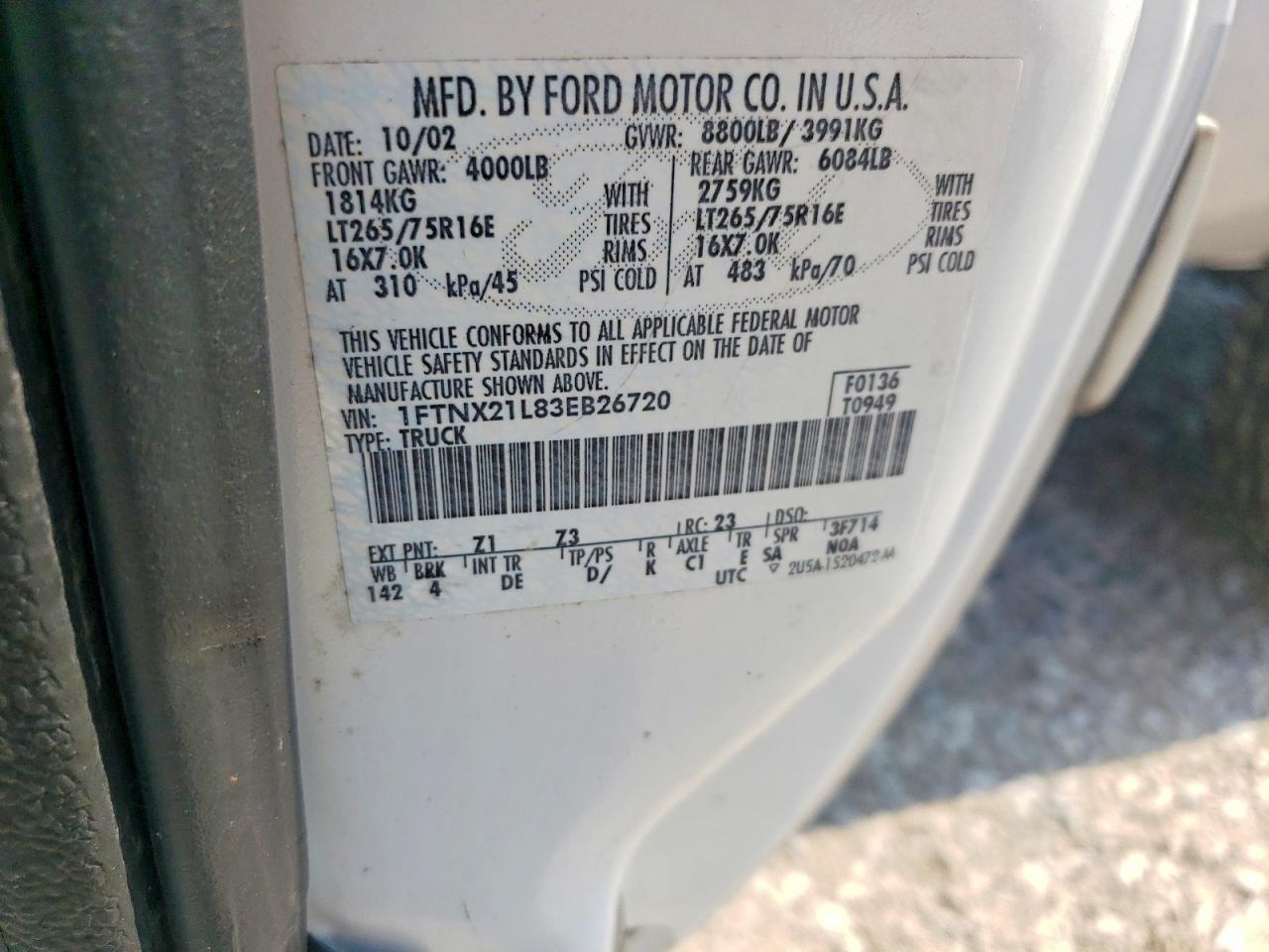 2003 Ford F250 Super Duty Белый vin: 1FTNX21L83EB26720