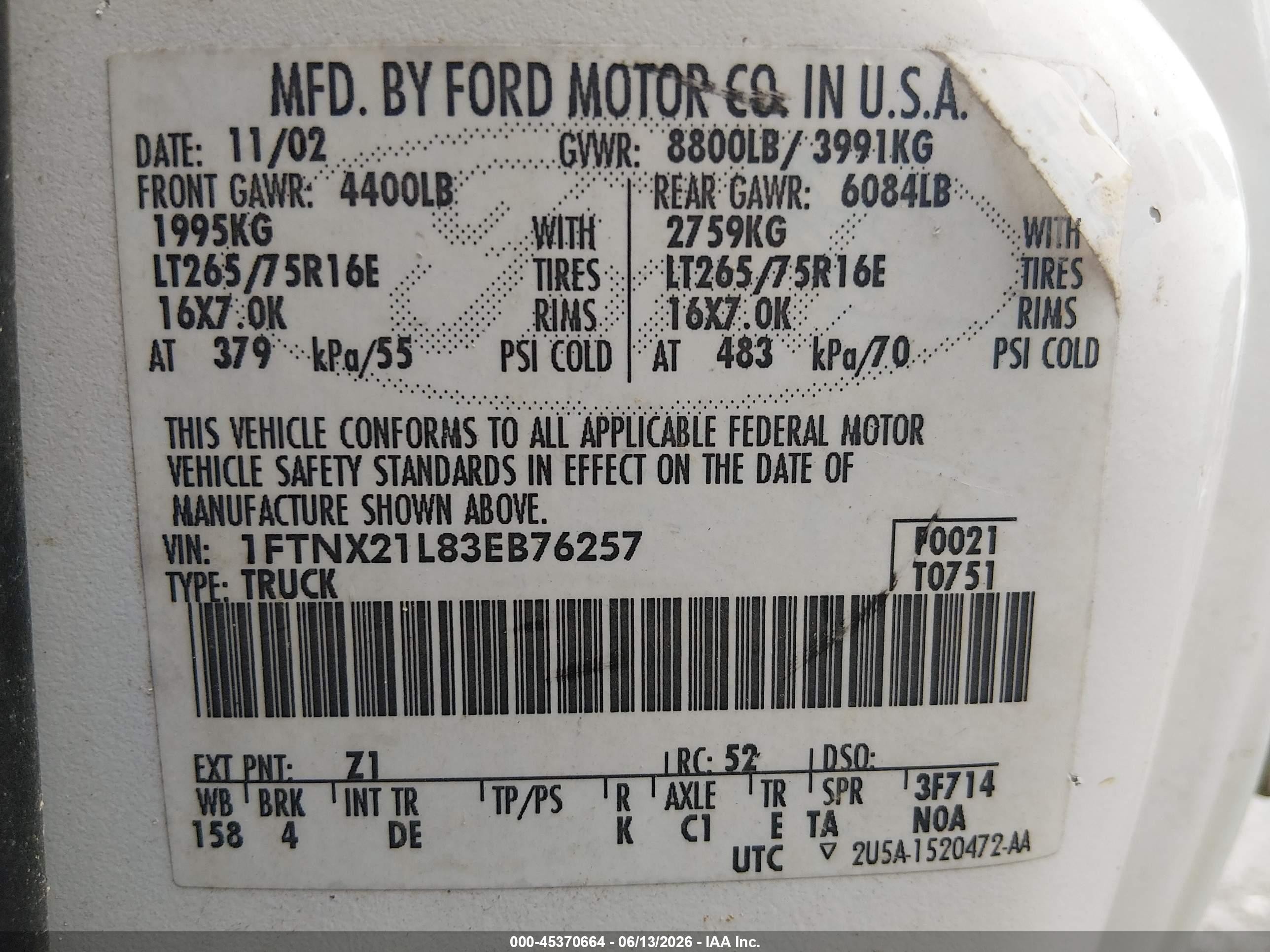 2003 Ford F-250 Lariat/xl/xlt Белый vin: 1FTNX21L83EB76257