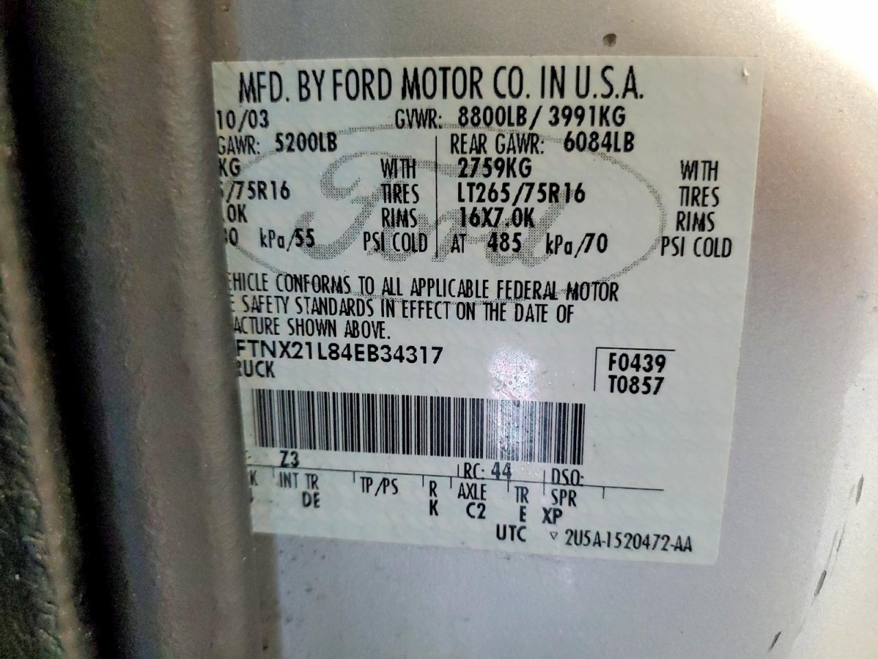 2004 Ford F250 Super Duty Silver vin: 1FTNX21L84EB34317