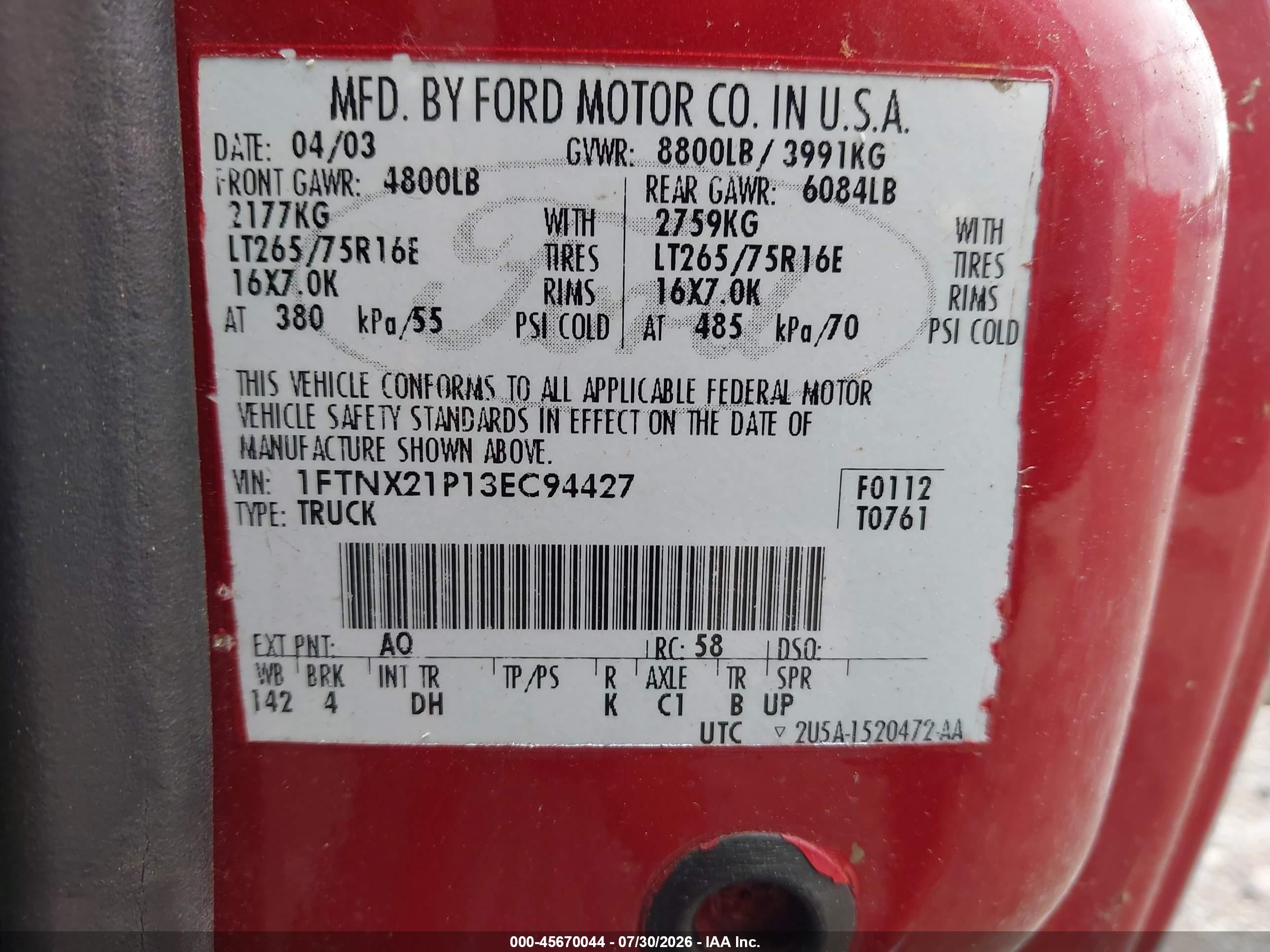 2002 Ford F-250 Lariat/xl/xlt Red vin: 1FTNX21L92EB49552