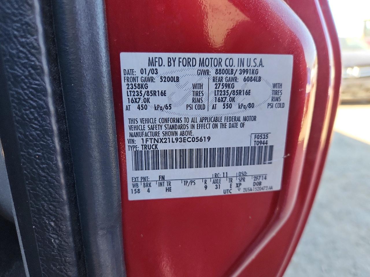2003 Ford F-250 Super Duty Red vin: 1FTNX21L93EC05619