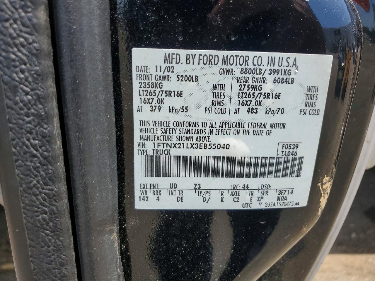 2003 Ford F250 Super Duty Black vin: 1FTNX21LX3EB55040