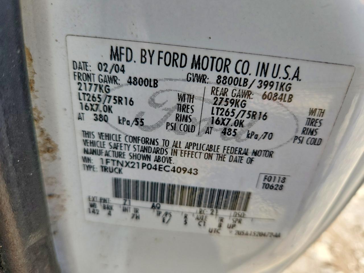 2004 Ford F250 Super Duty White vin: 1FTNX21P04EC40943