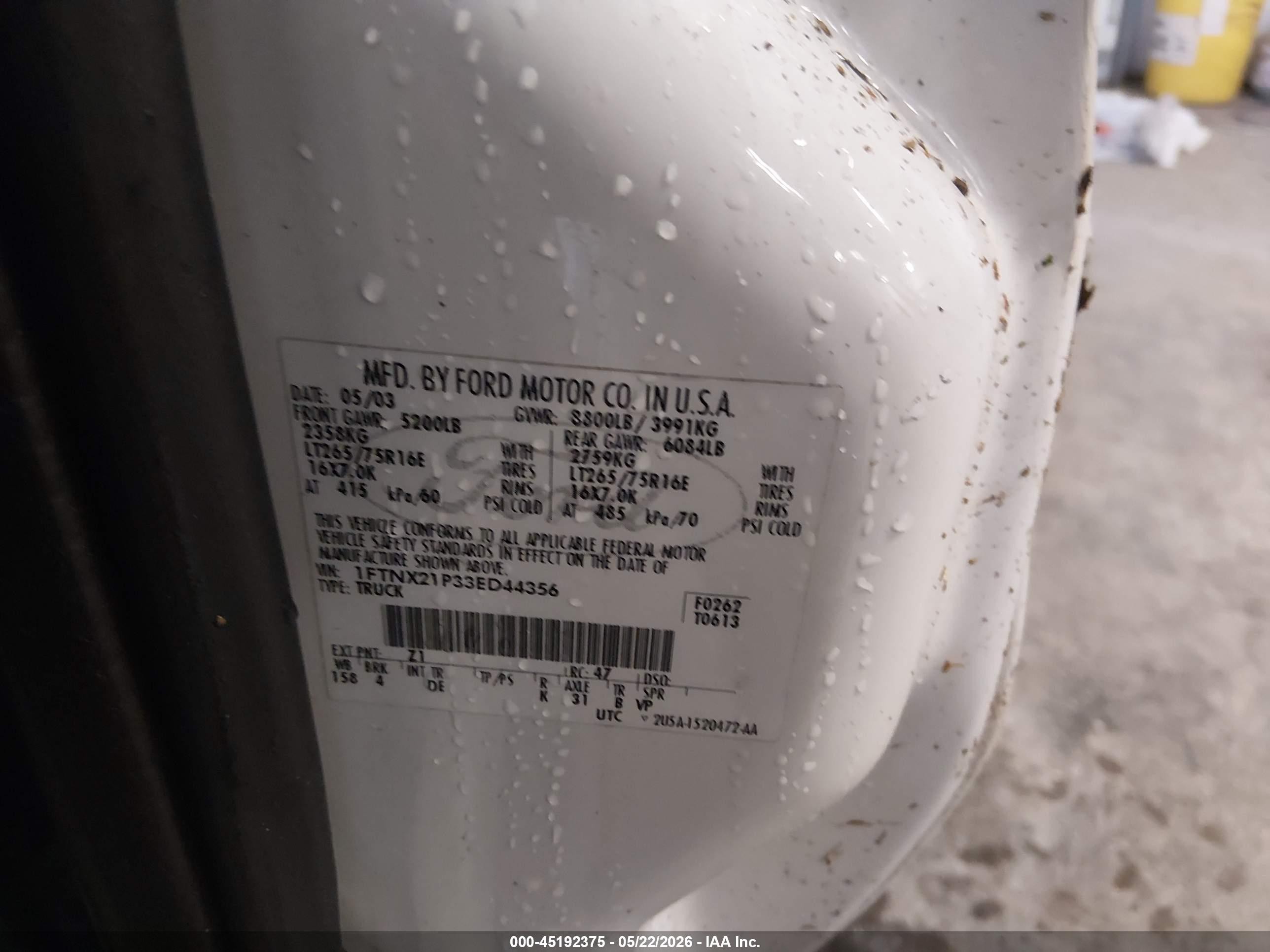 2003 Ford F-250 Lariat/xl/xlt White vin: 1FTNX21P33ED44356