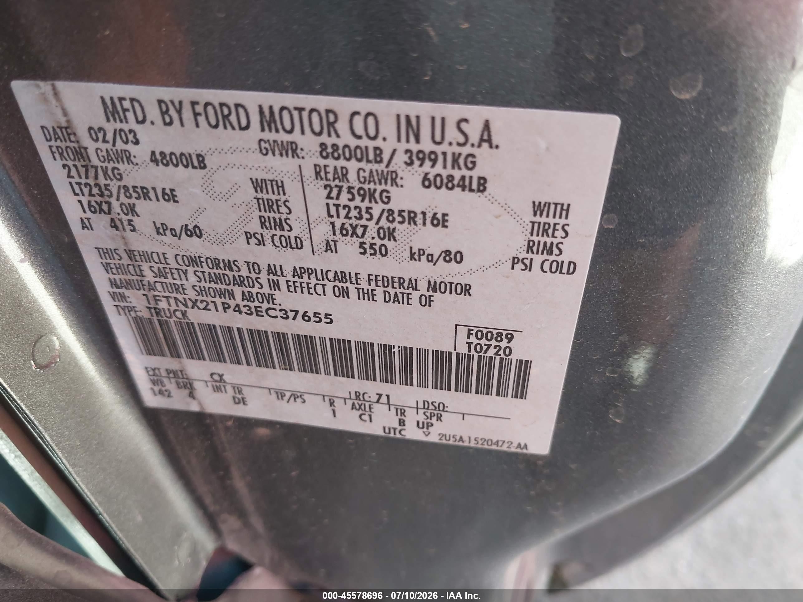 2003 Ford F-250 Lariat/xl/xlt Gray vin: 1FTNX21P43EC37655