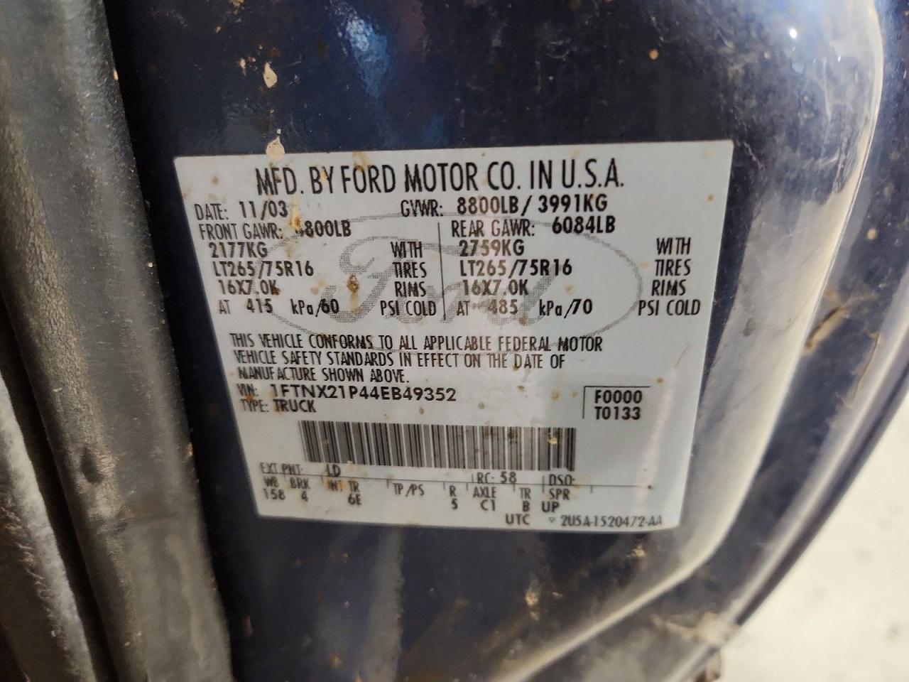 2004 Ford F250 Super Duty Blue vin: 1FTNX21P44EB49352