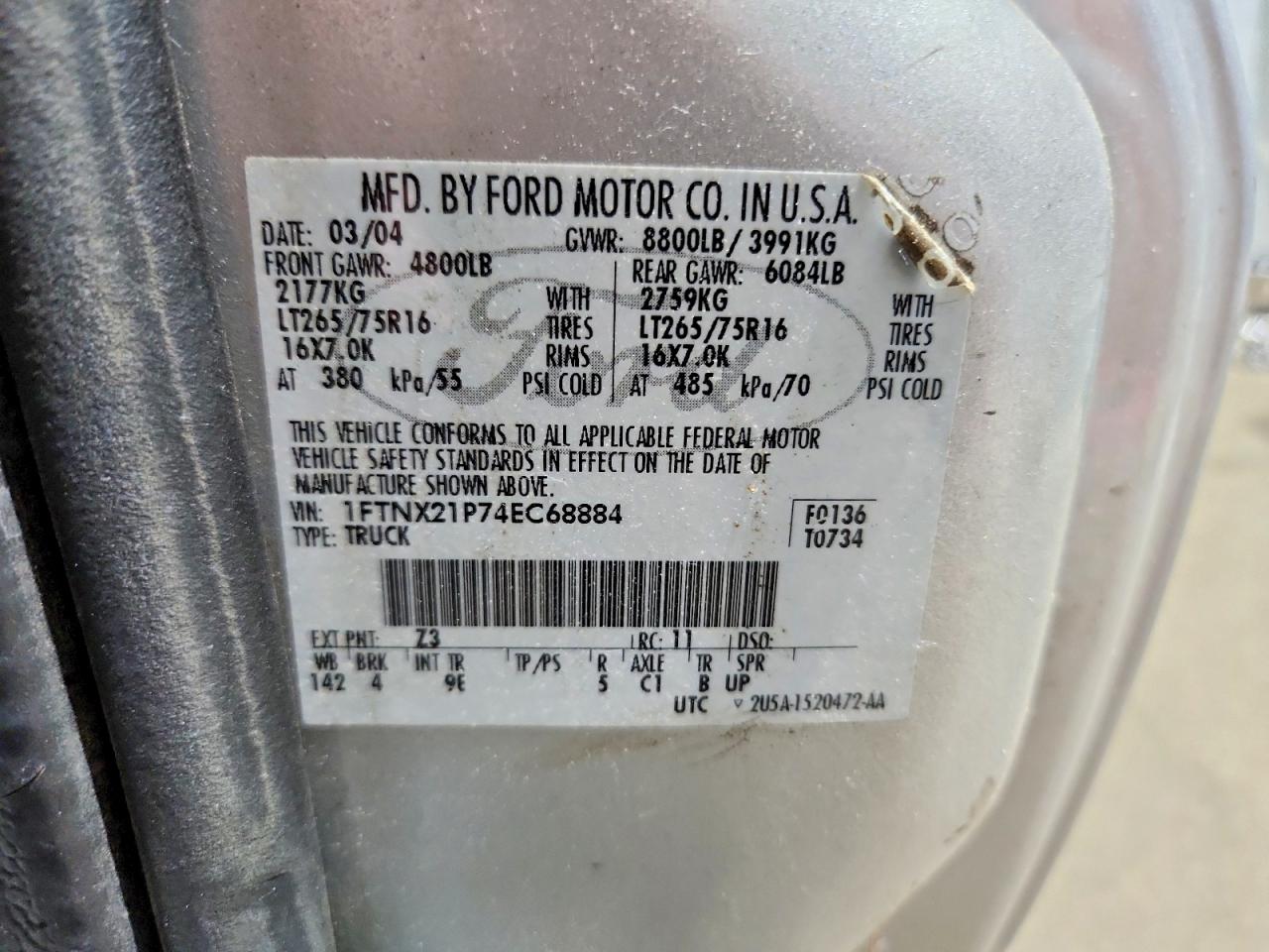 2004 Ford F250 Super Duty Silver vin: 1FTNX21P74EC68884