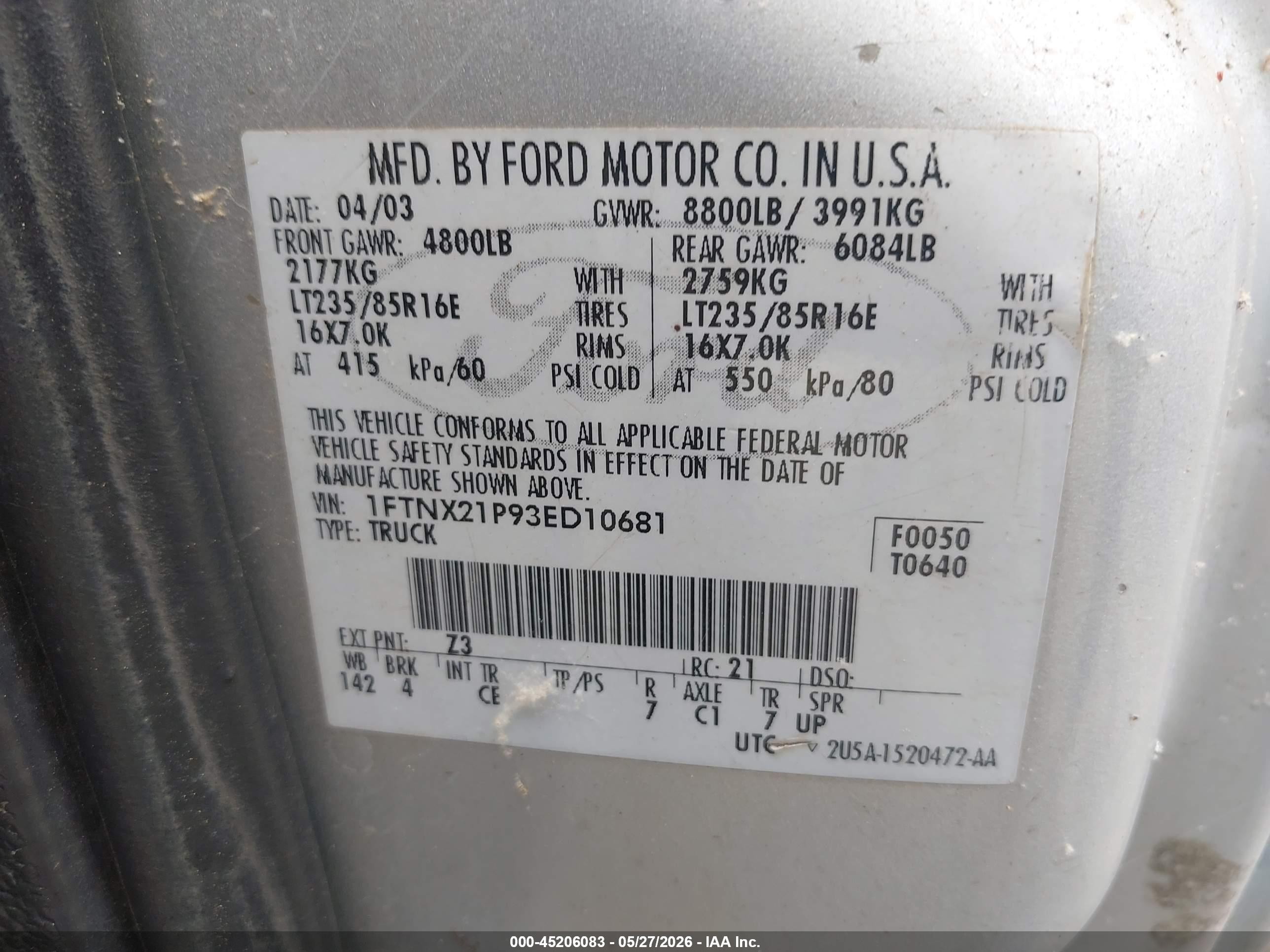 2003 Ford F-250 Lariat/xl/xlt White vin: 1FTNX21P93ED10681