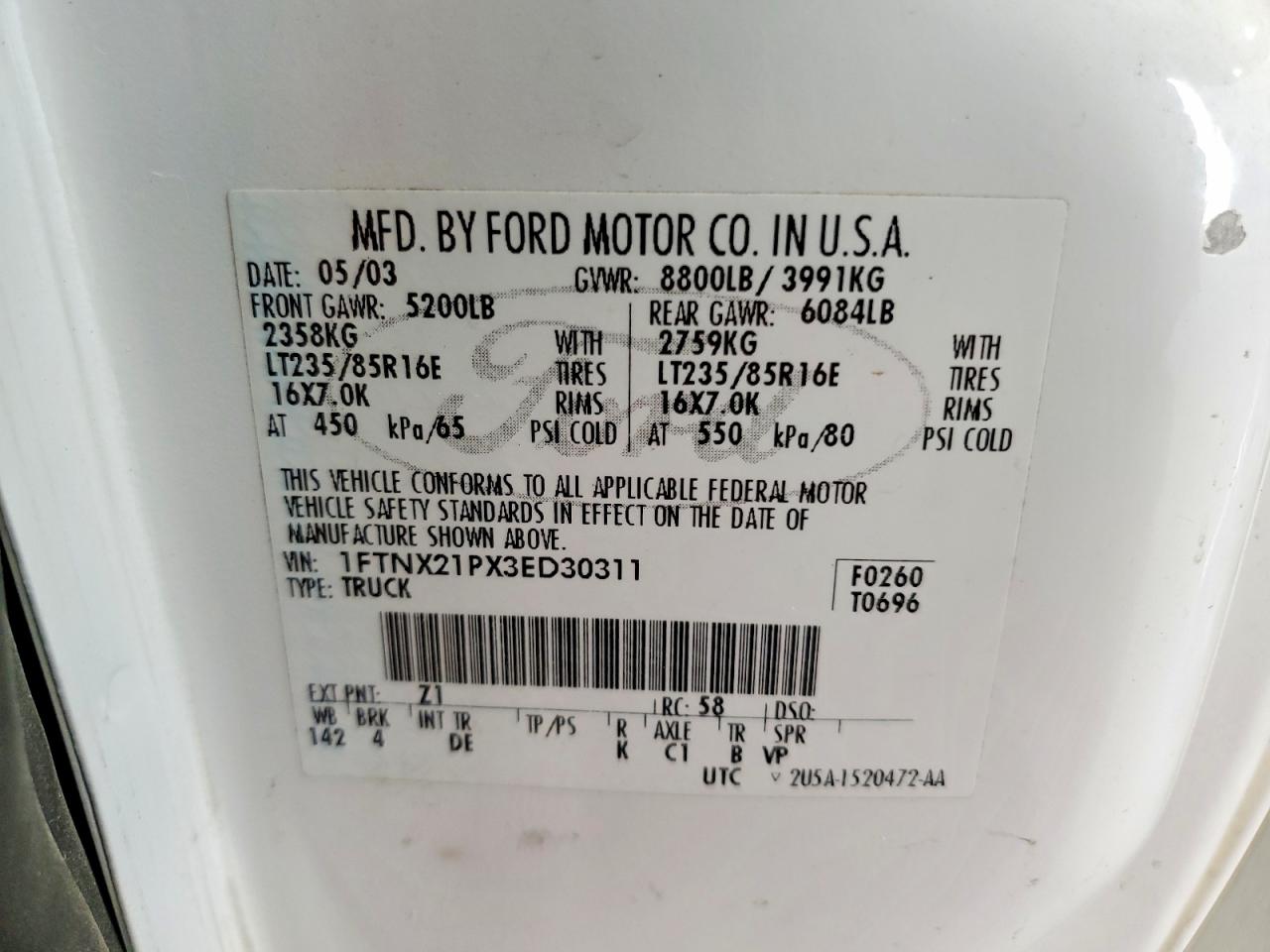 2003 Ford F250 Super Duty White vin: 1FTNX21PX3ED30311