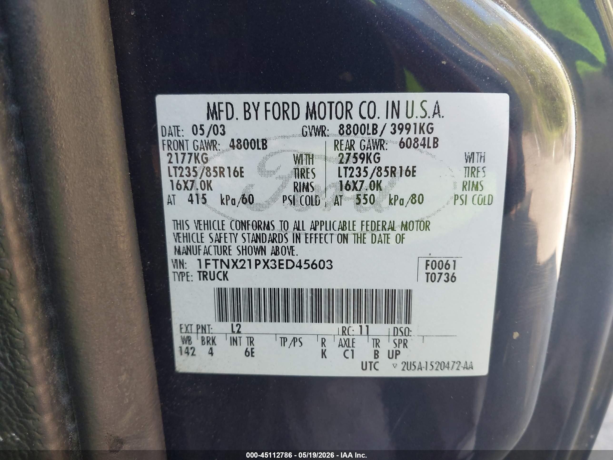 2003 Ford F-250 Lariat/xl/xlt Dark Blue vin: 1FTNX21PX3ED45603