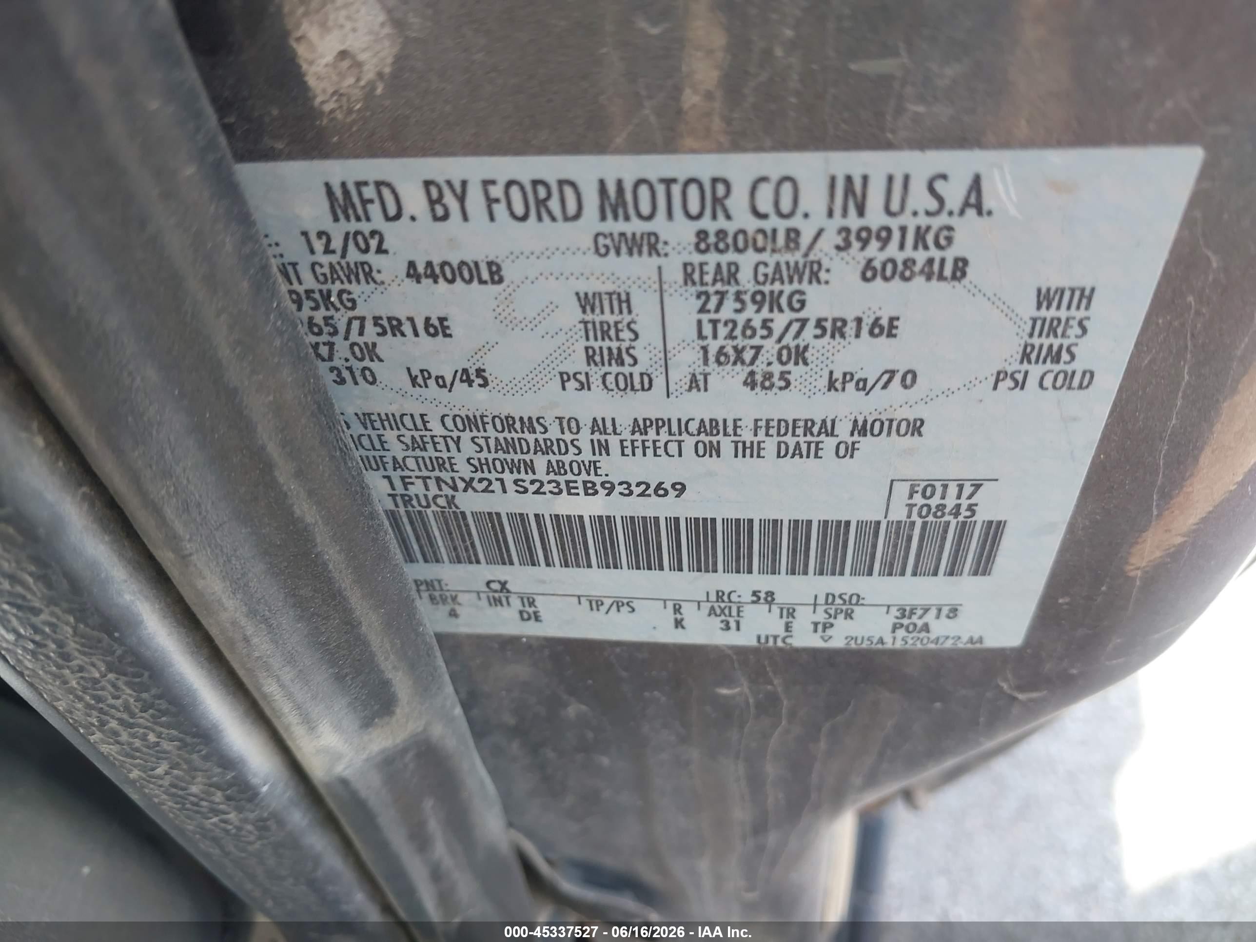 2003 Ford F-250 Lariat/xl/xlt Серый vin: 1FTNX21S23EB93269