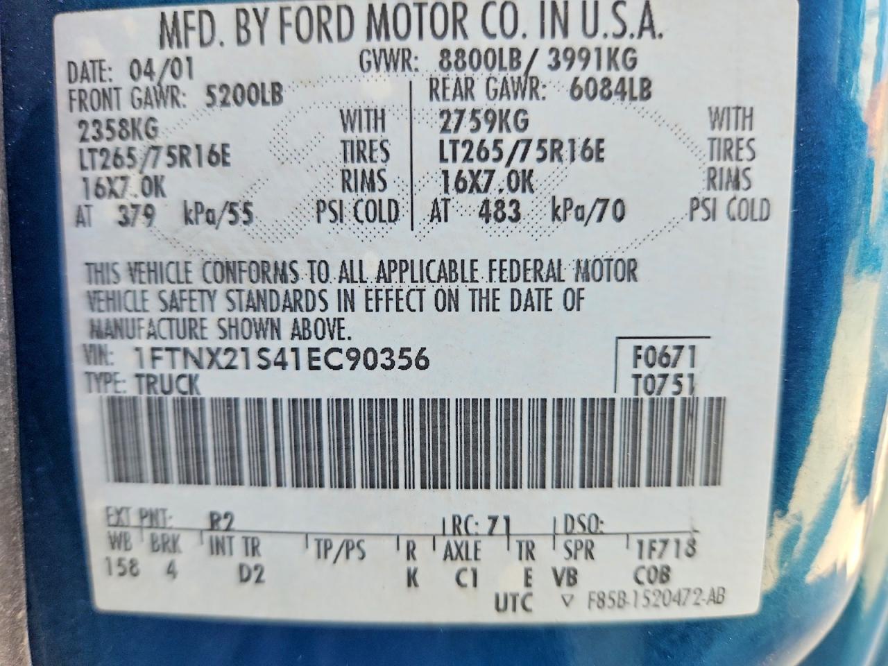 2001 Ford F250 Super Duty Blue vin: 1FTNX21S41EC90356
