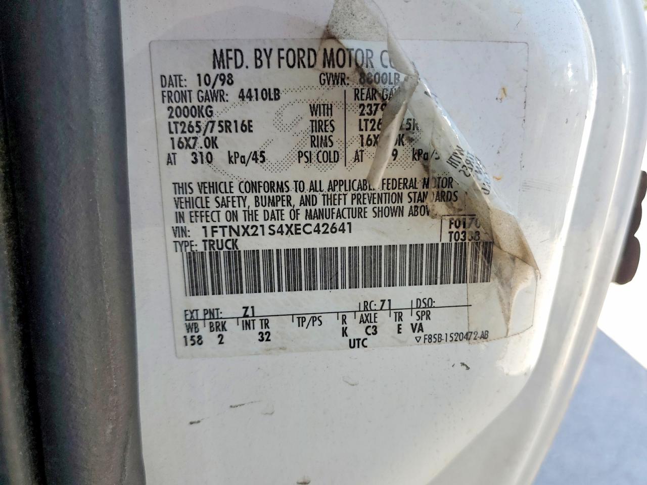 1999 Ford F250 Super Duty White vin: 1FTNX21S4XEC42641