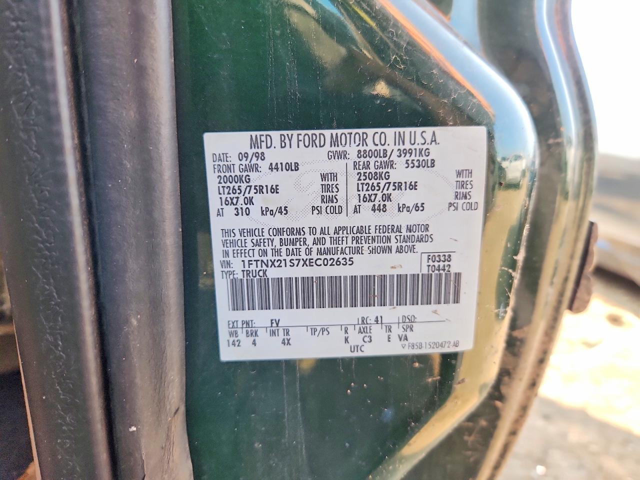1999 Ford Lgt Convtnl Green vin: 1FTNX21S7XEC02635
