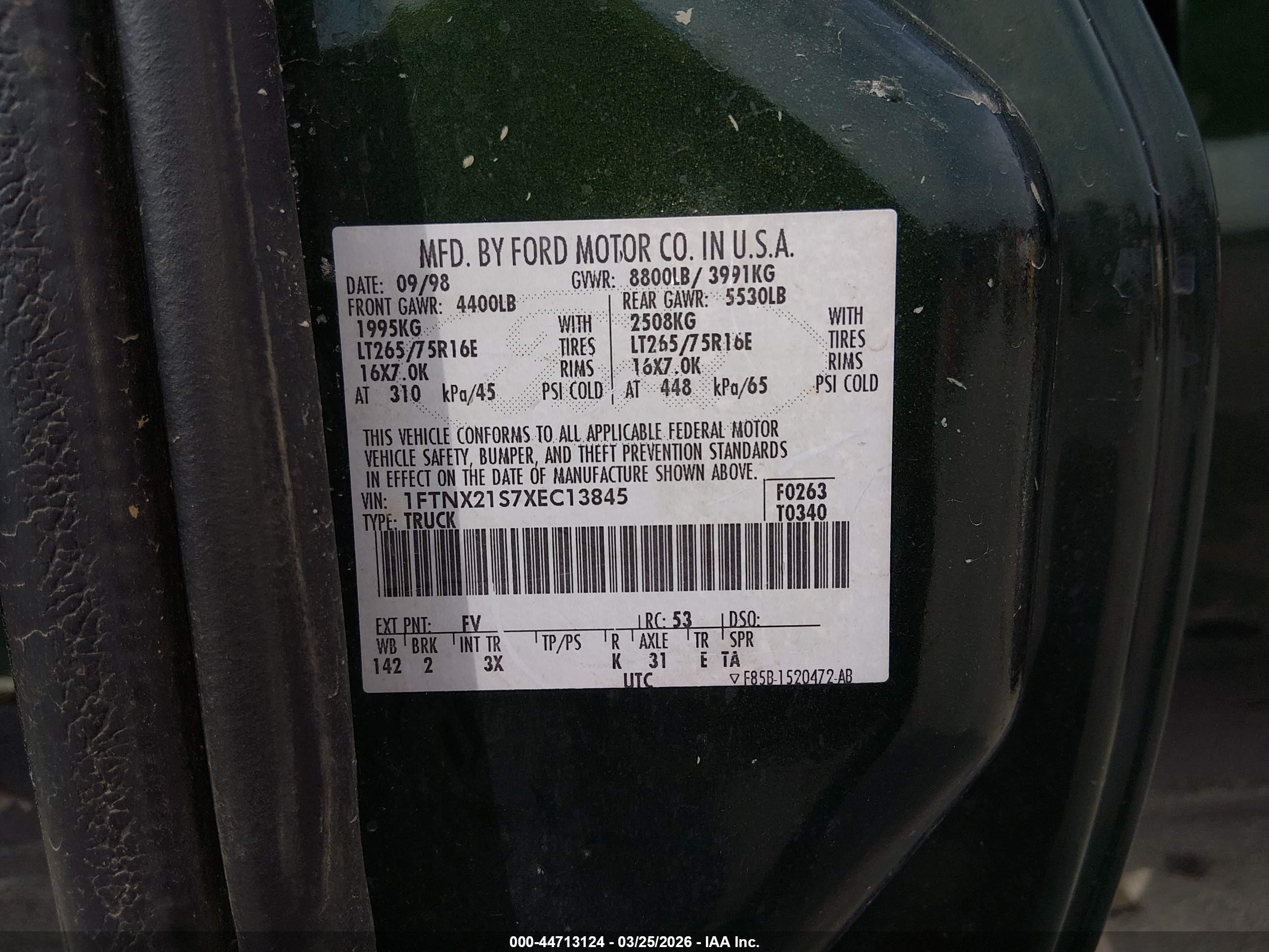 1999 Ford F-250 Lariat/xl/xlt Green vin: 1FTNX21S7XEC13845