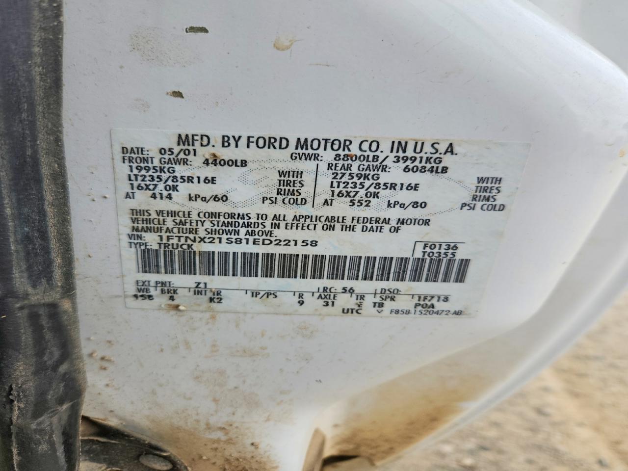2001 Ford F250 Super Duty White vin: 1FTNX21S81ED22158