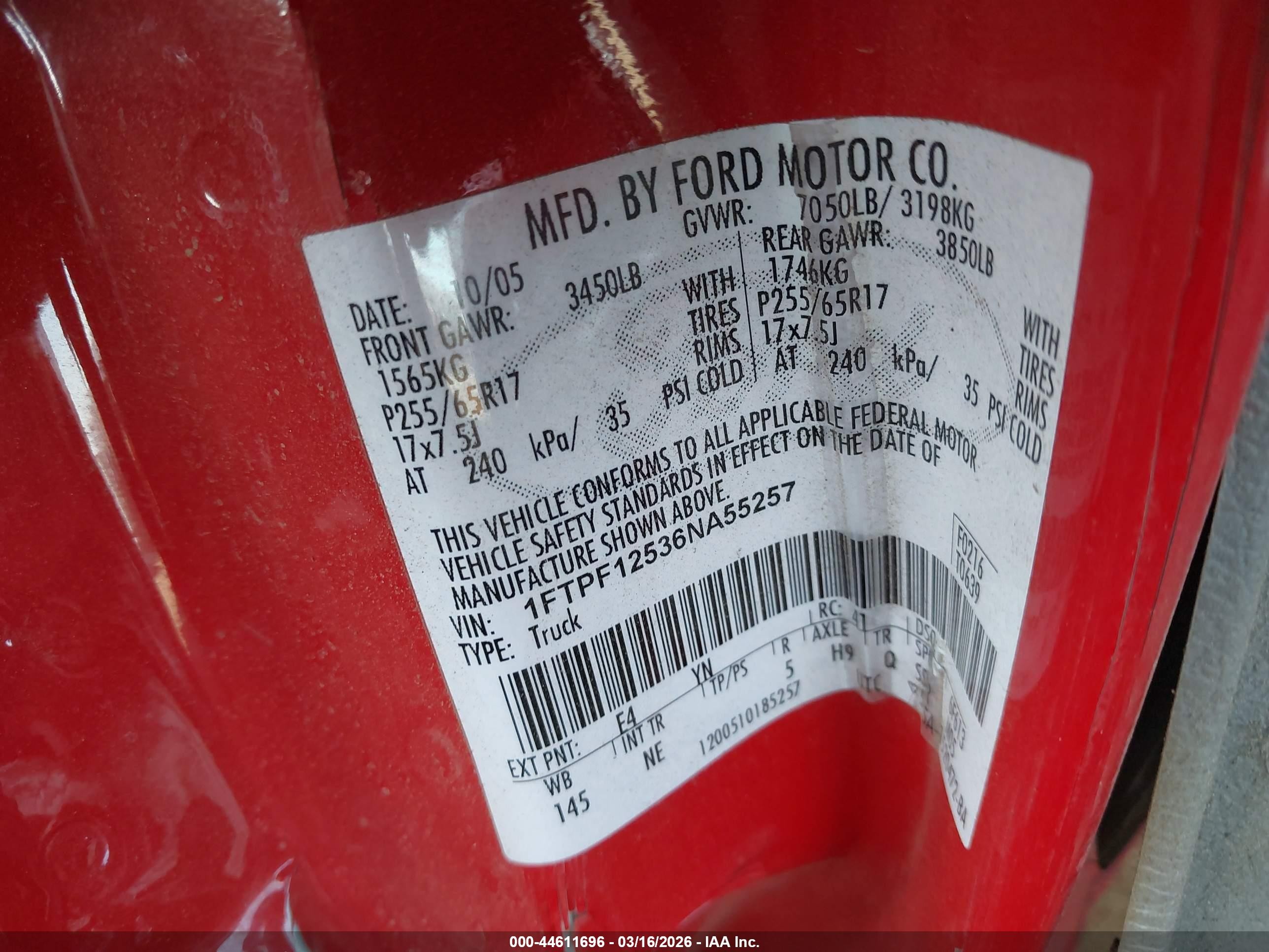 2006 Ford F-150 Xl/xlt Red vin: 1FTPF12536NA55257
