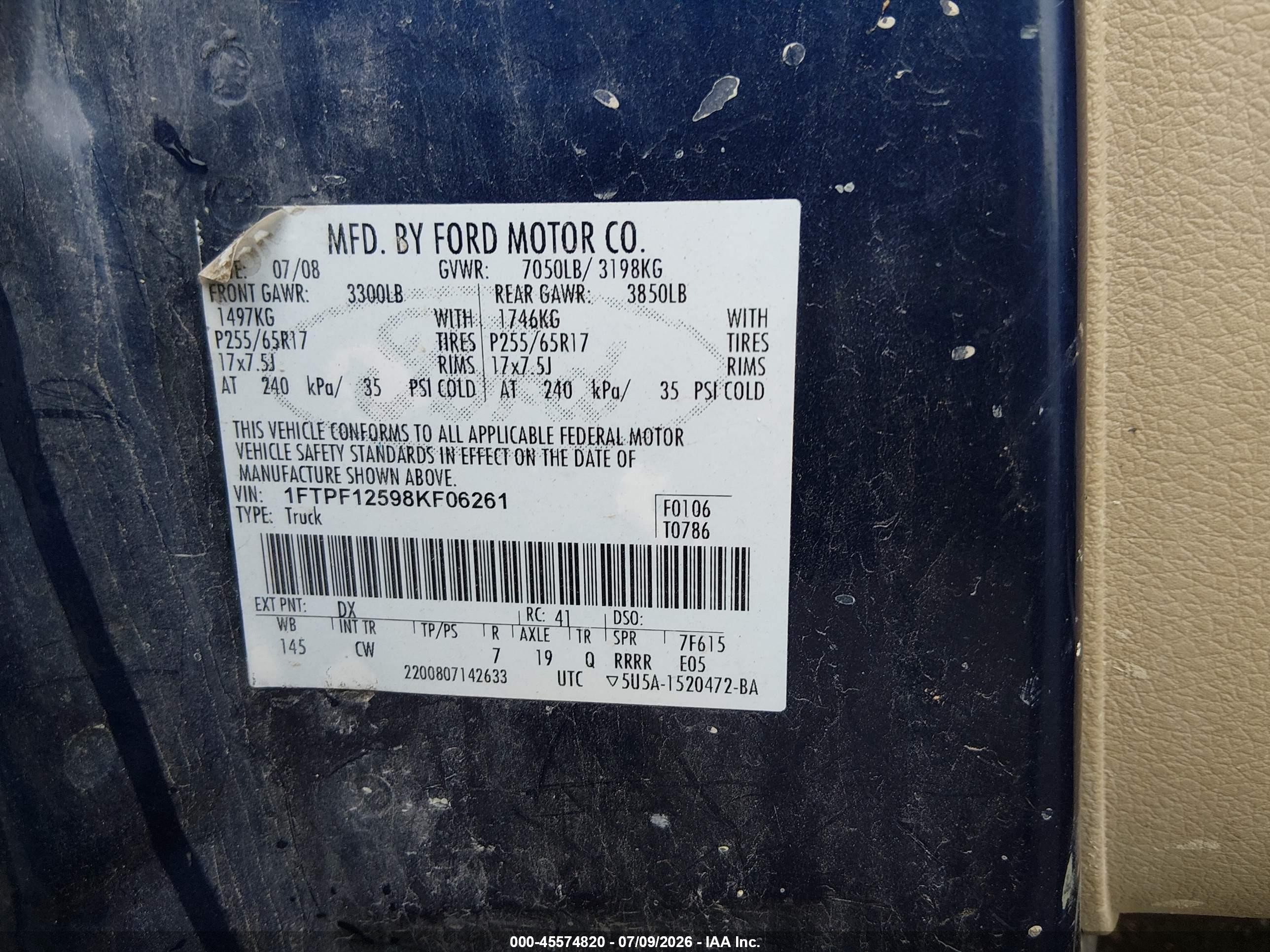 2008 Ford F-150 Fx2/xl/xlt Blue vin: 1FTPF12598KF06261