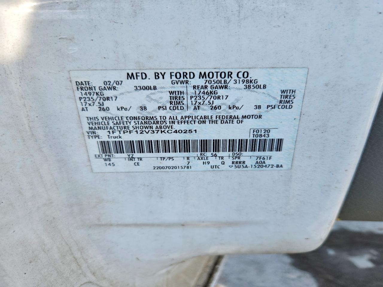 2007 Ford F150 White vin: 1FTPF12V37KC40251