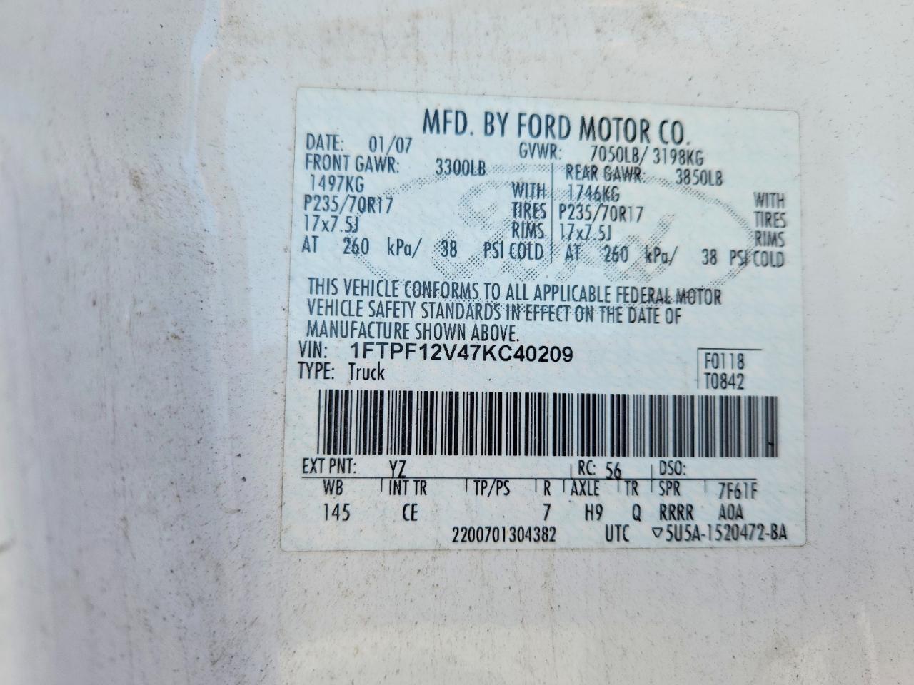 2007 Ford F150 White vin: 1FTPF12V47KC40209
