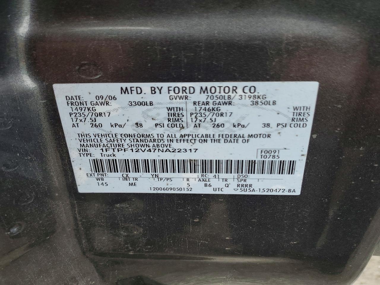 2007 Ford F150 Gray vin: 1FTPF12V47NA22317