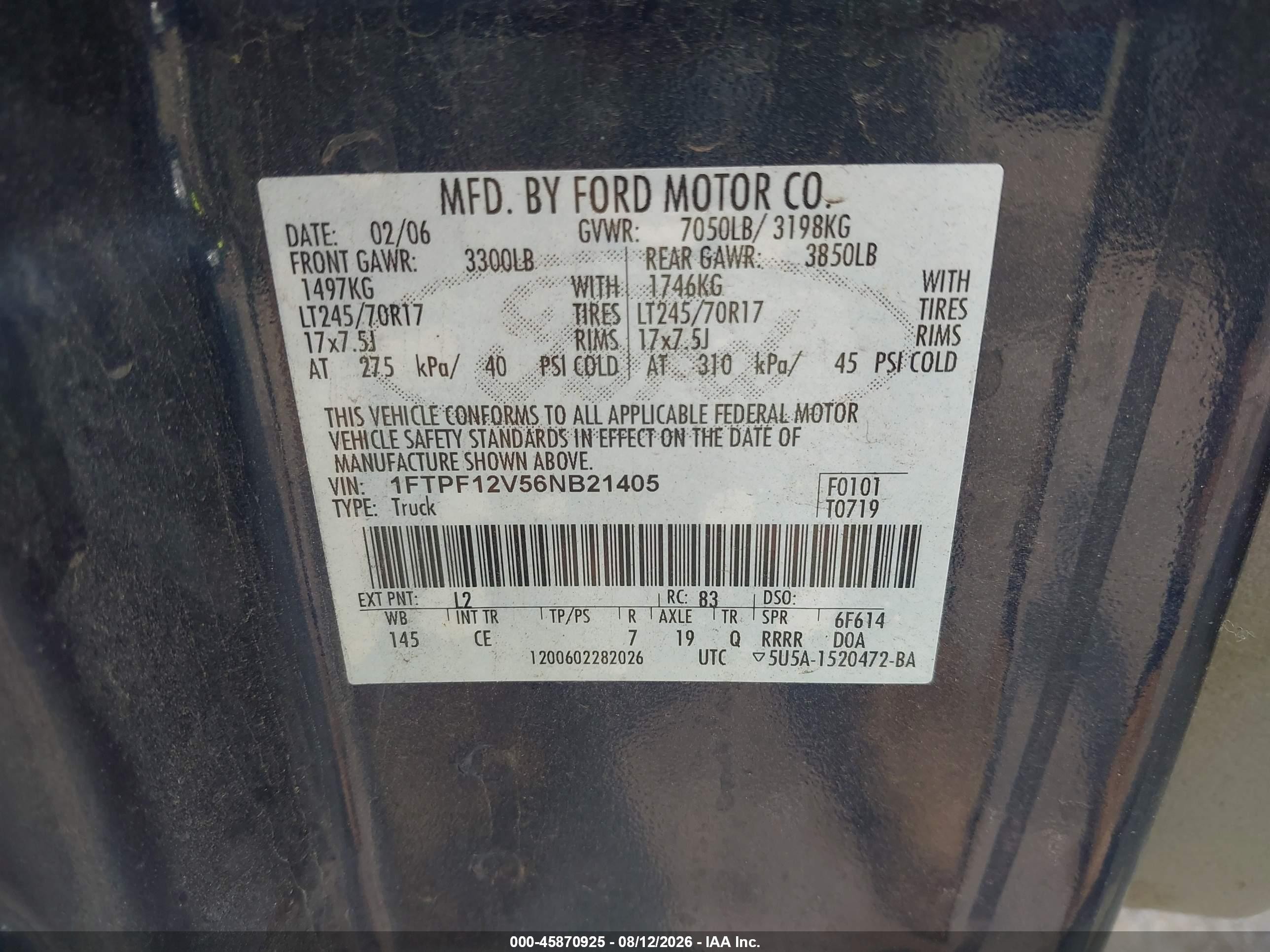 2006 Ford F-150 Xl/xlt Blue vin: 1FTPF12V56NB21405