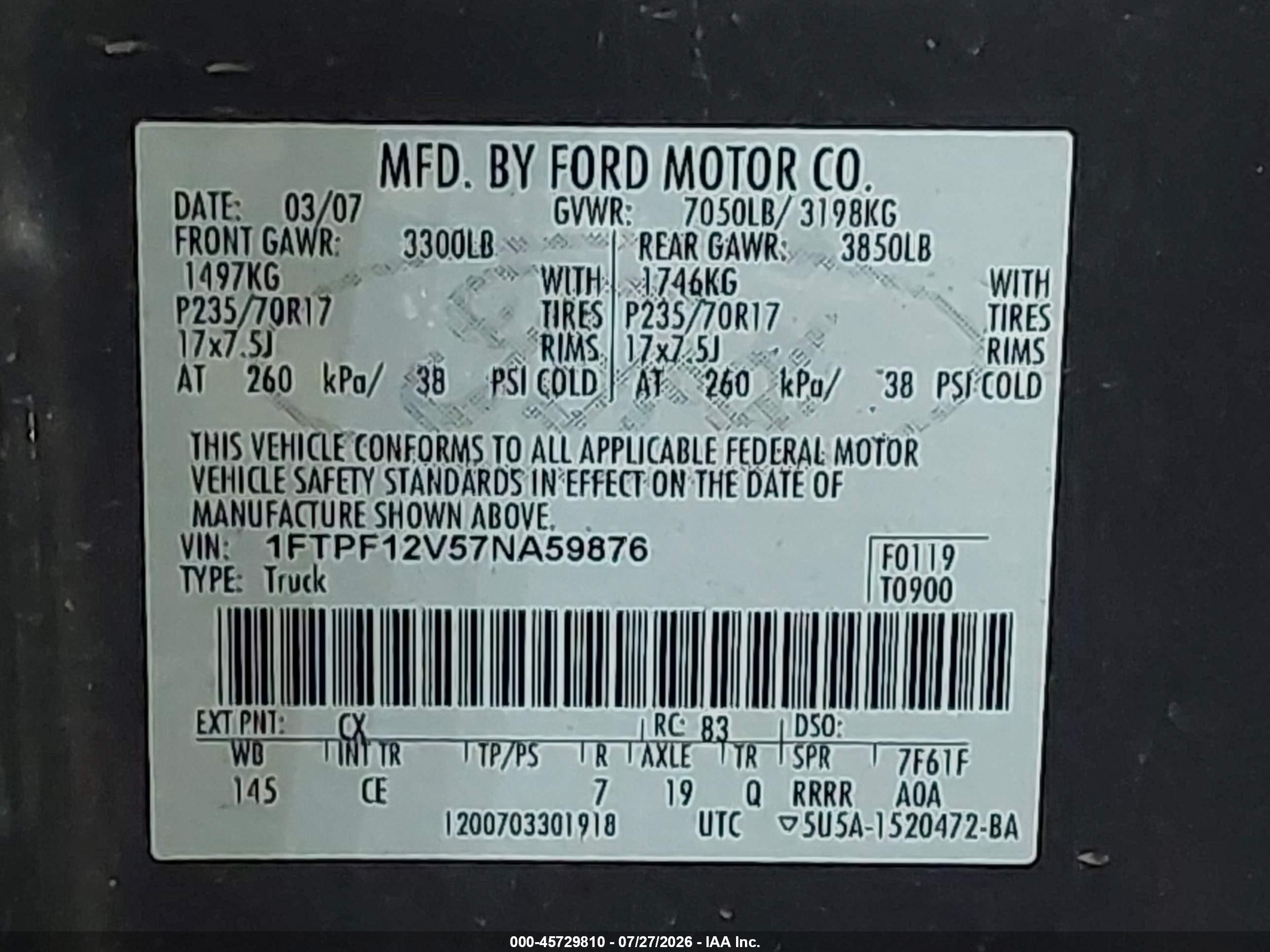 2007 Ford F-150 Xl/xlt Blue vin: 1FTPF12V57NA59876