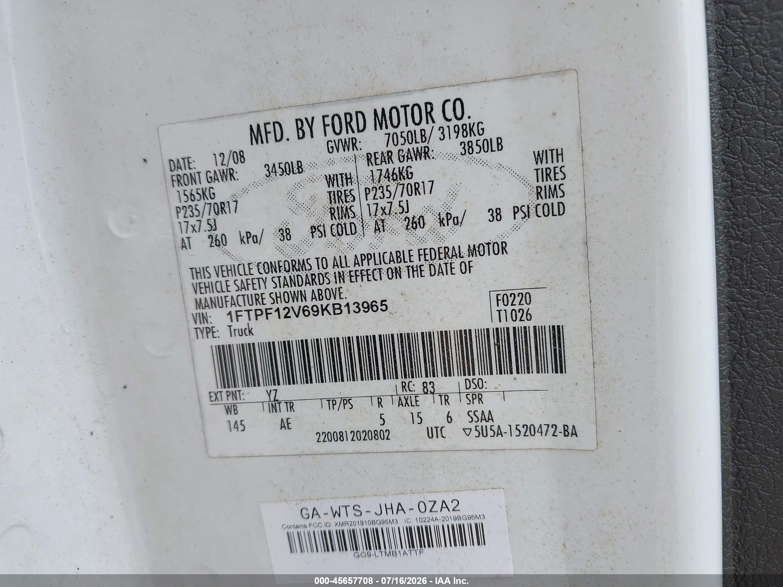2009 Ford F-150 Xl/xl W/midbox Prep/xlt/xlt W/midbox Prep White vin: 1FTPF12V69KB13965