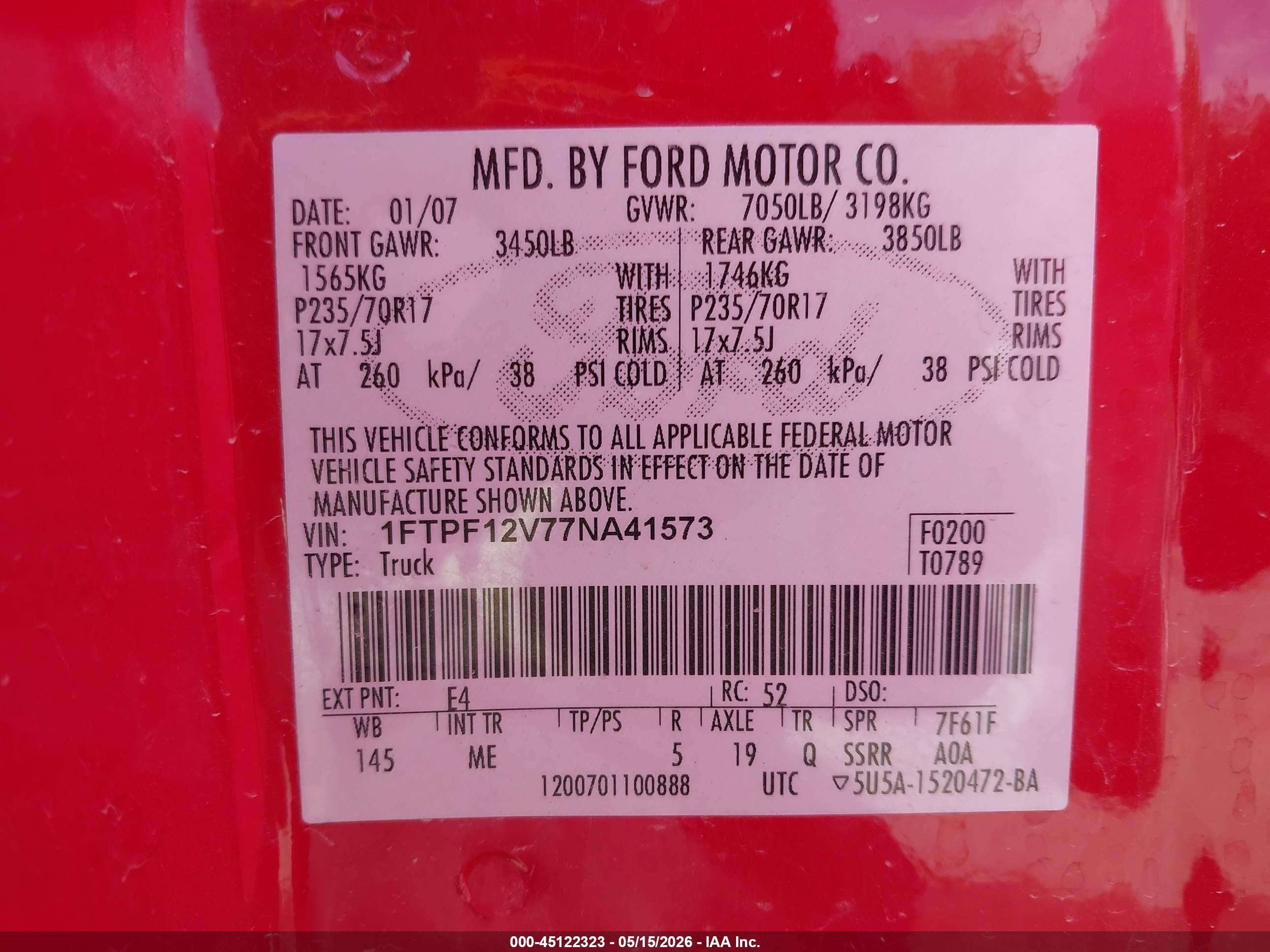2007 Ford F-150 Xl/xlt Red vin: 1FTPF12V77NA41573