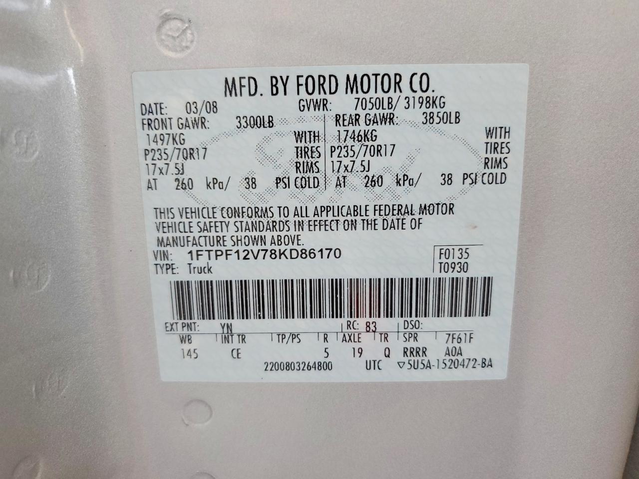 2008 Ford F150 Silver vin: 1FTPF12V78KD86170