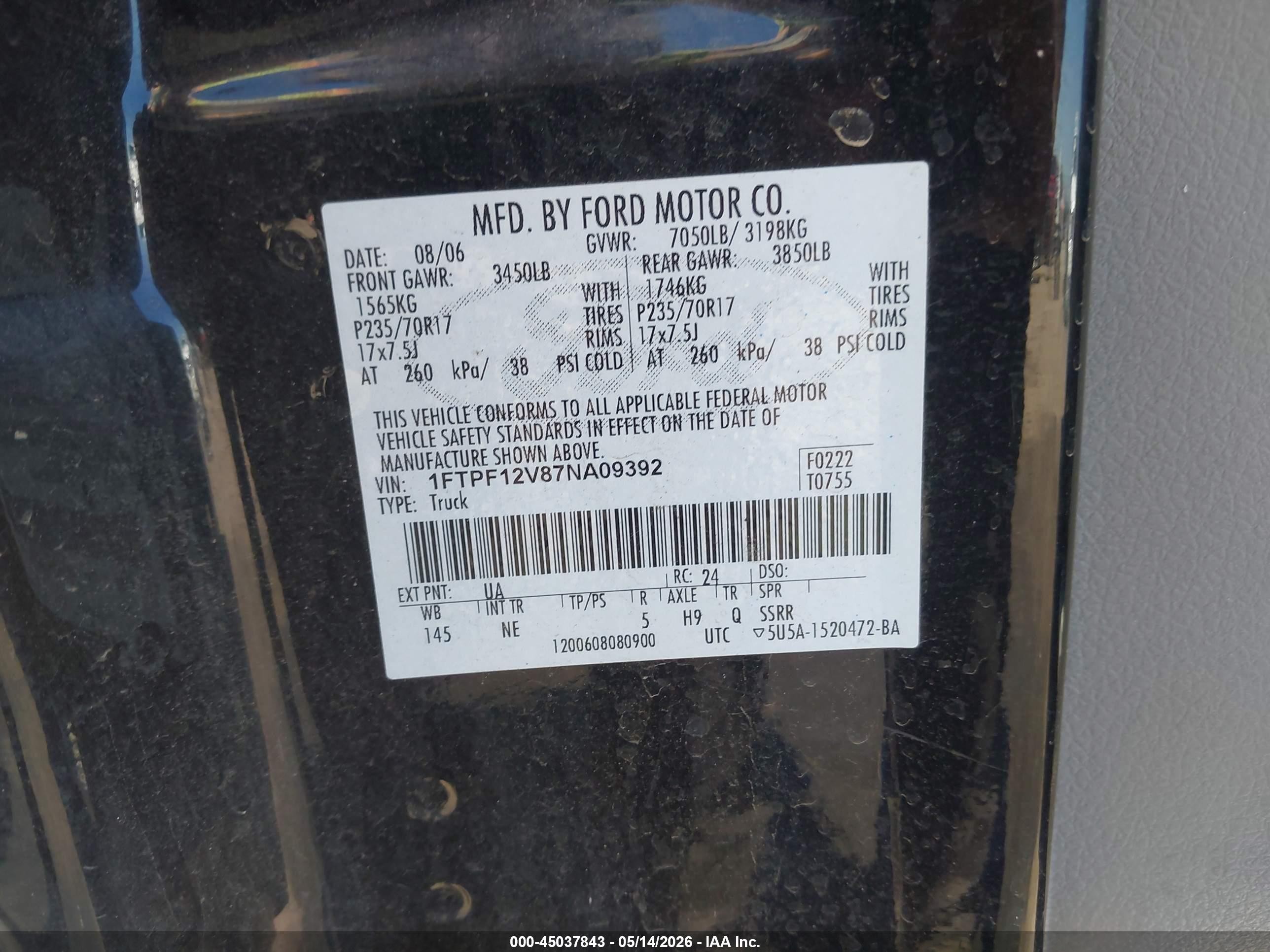 2007 Ford F-150 Xl/xlt Black vin: 1FTPF12V87NA09392