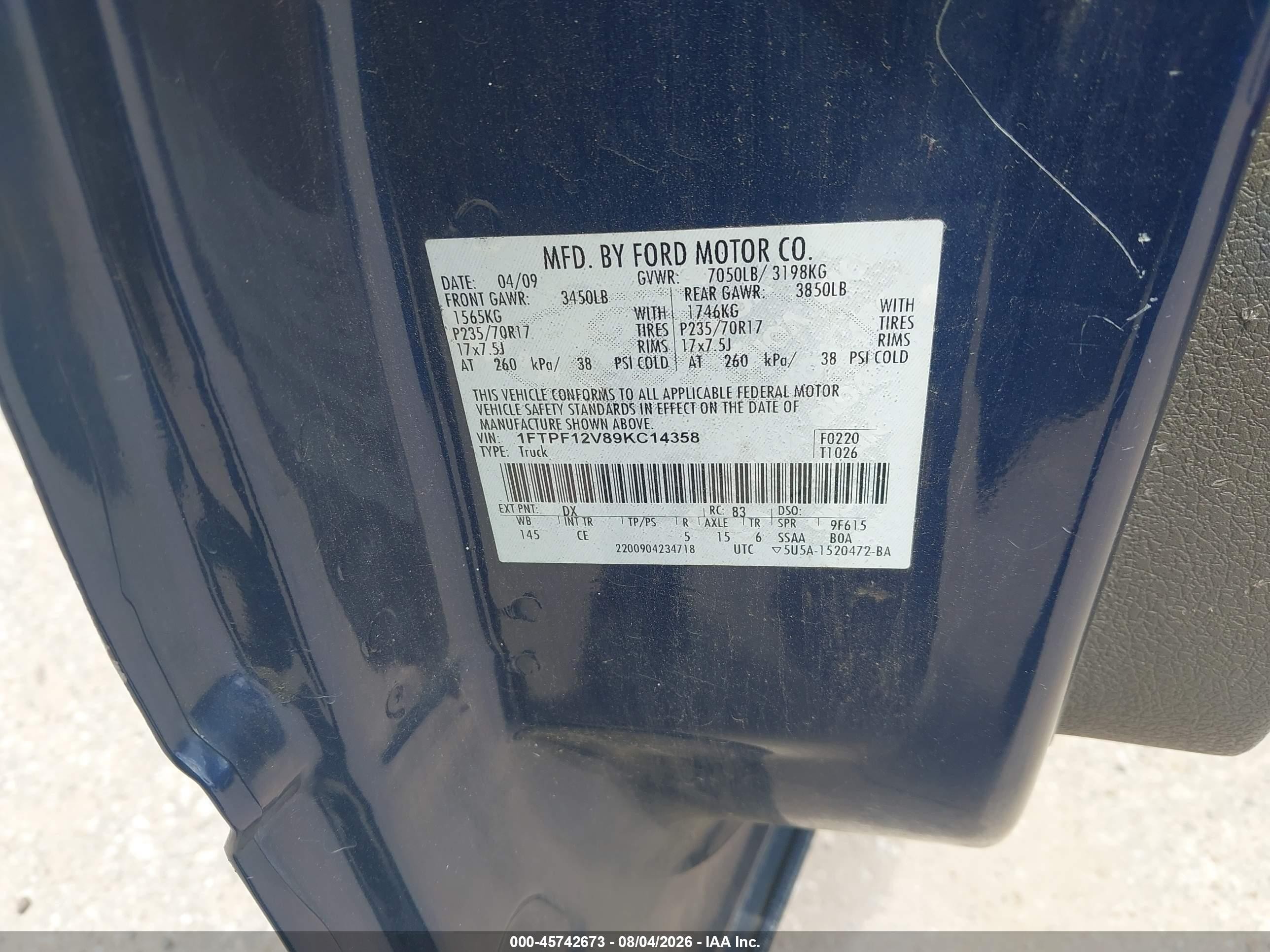 2009 Ford F-150 Xl/xl W/midbox Prep/xlt/xlt W/midbox Prep Blue vin: 1FTPF12V89KC14358