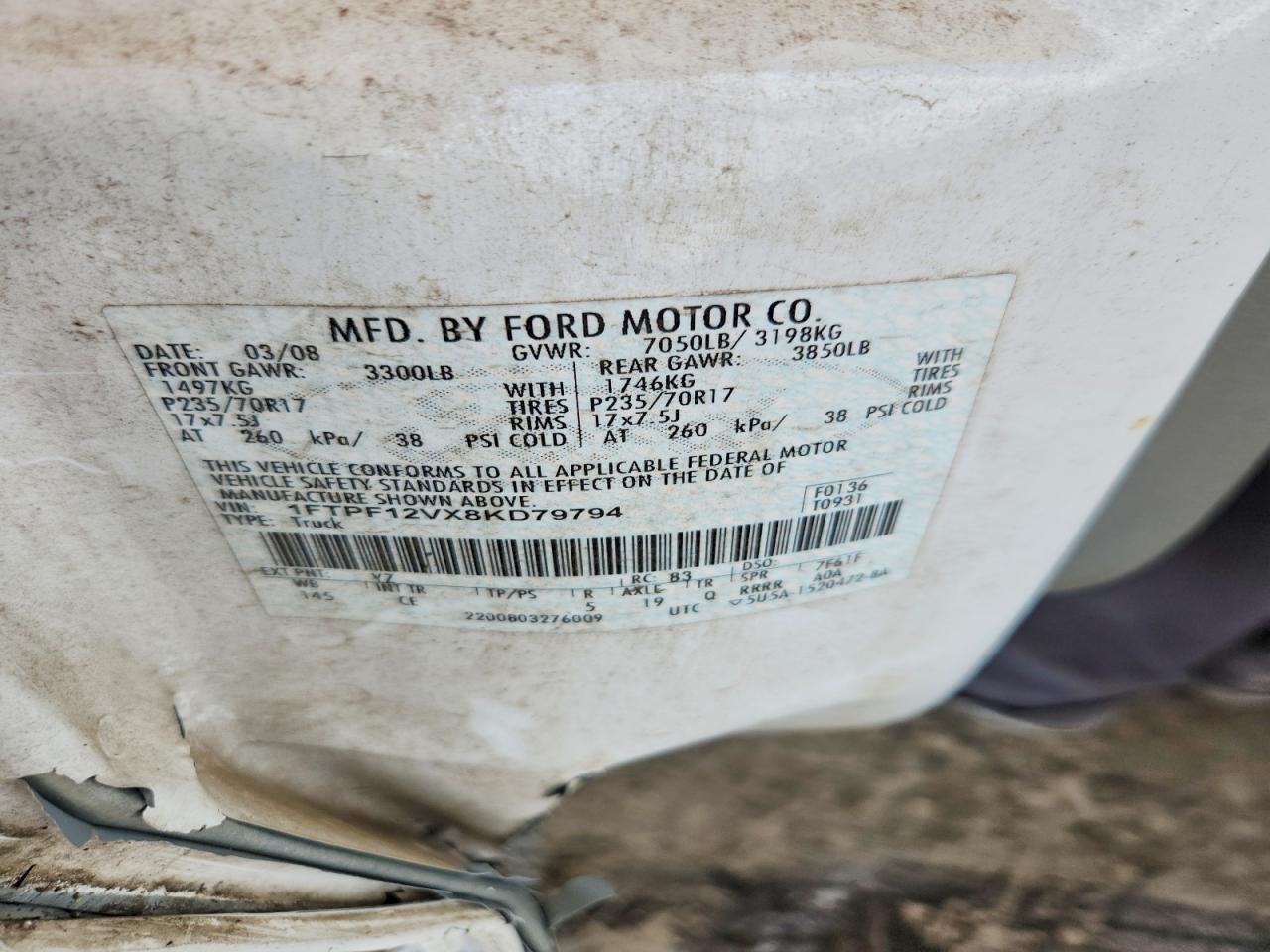2008 Ford F150 White vin: 1FTPF12VX8KD79794