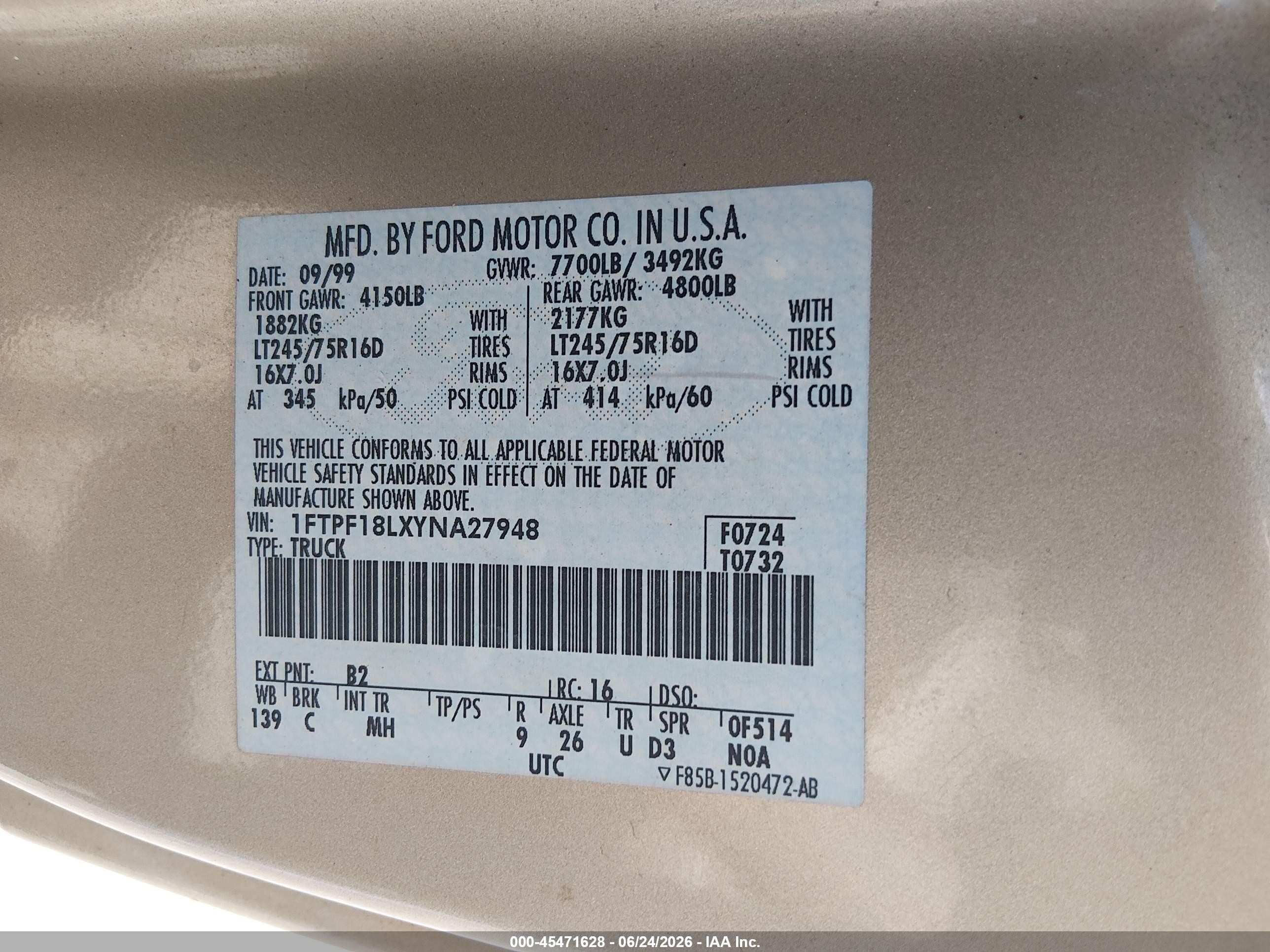 2000 Ford F-150 Work Series/xl/xlt Tan vin: 1FTPF18LXYNA27948