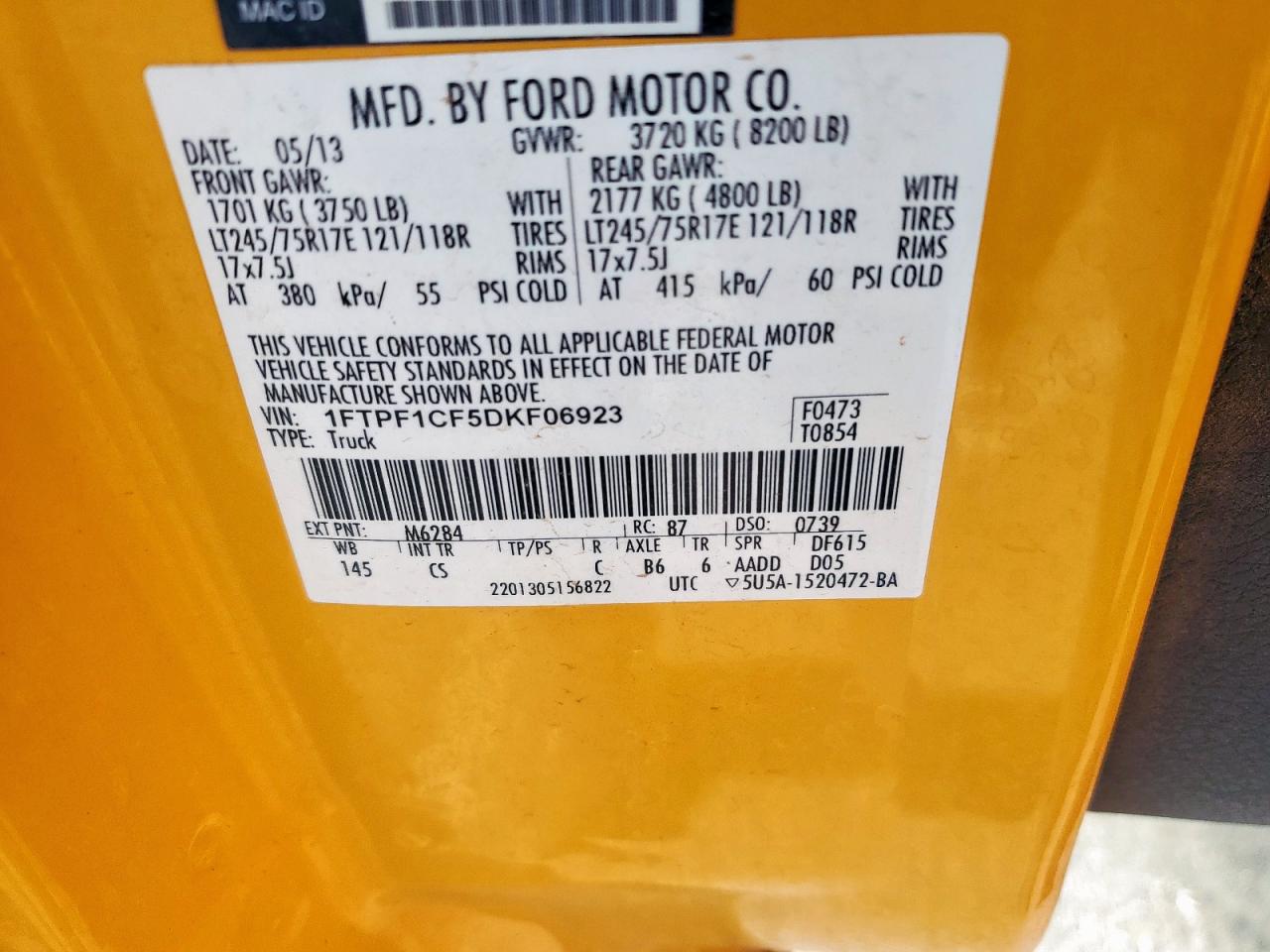 2013 Ford F150 Yellow vin: 1FTPF1CF5DKF06923