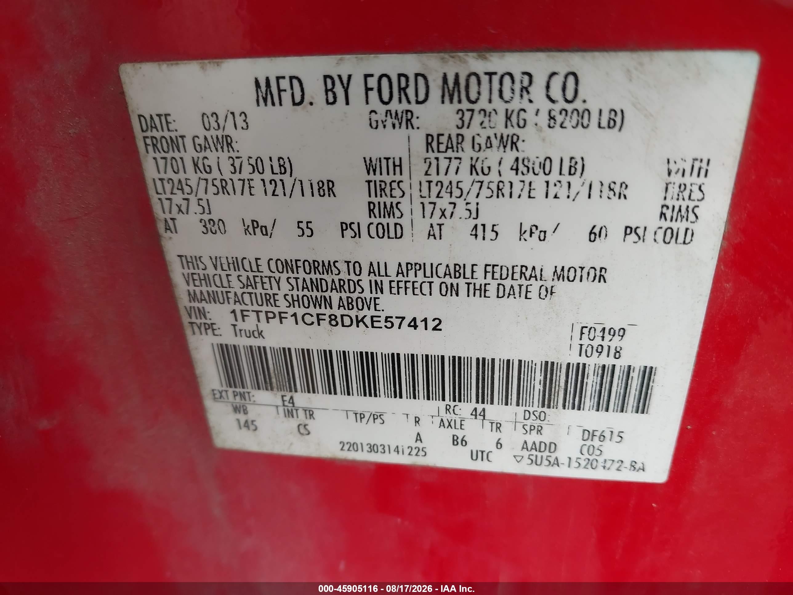 2013 Ford F-150 Xl W/hd Payload Pkg Red vin: 1FTPF1CF8DKE57412