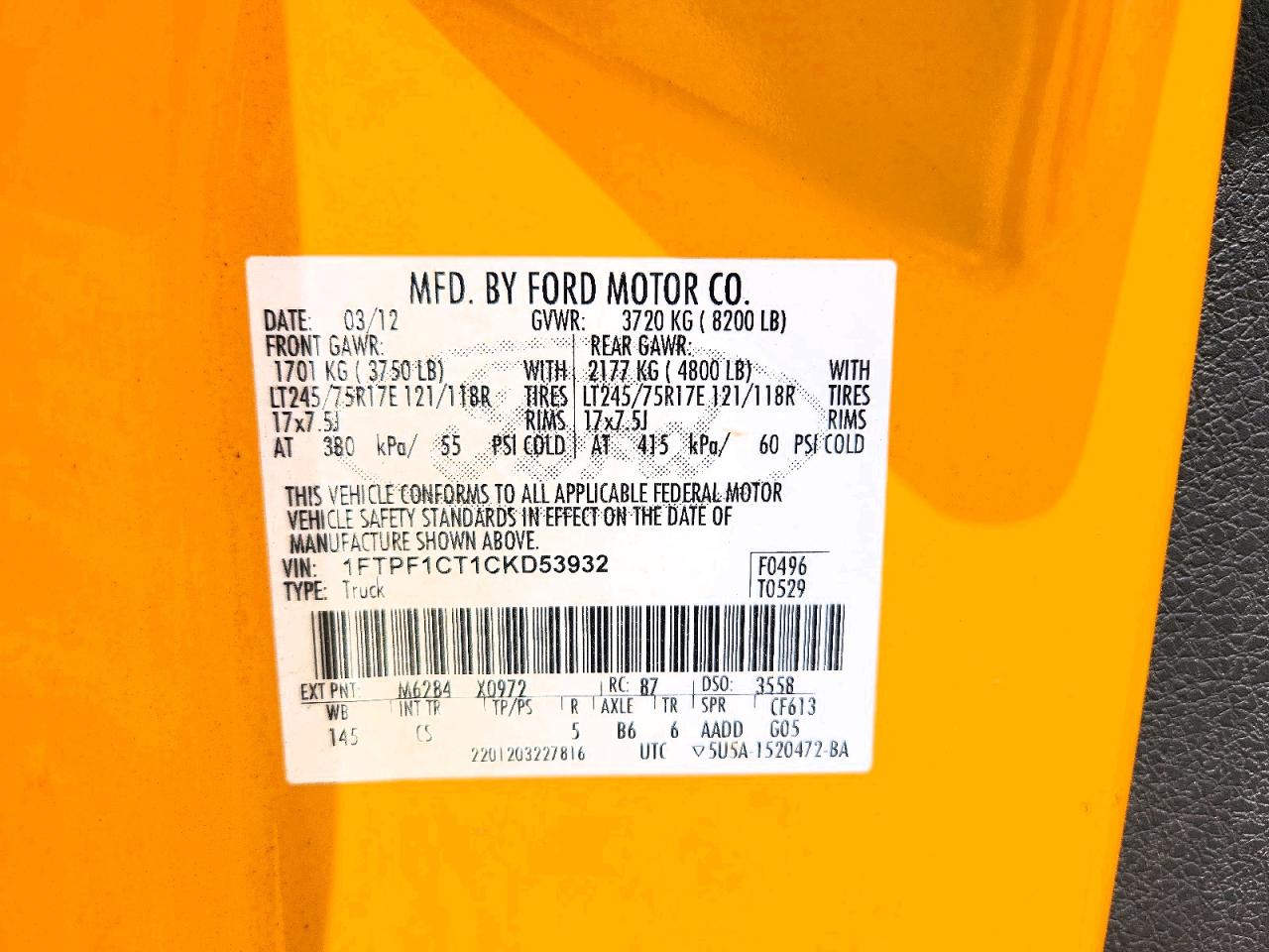 2012 Ford F150 Yellow vin: 1FTPF1CT1CKD53932